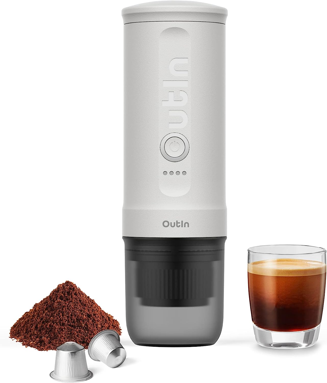 Outin nano Portable Electric Espresso Machine with 3-4 Minutes Self Heating, 20 bar mini 12V 24V car coffee machine, compatible with ns original capsule & ground coffee for travel, camping