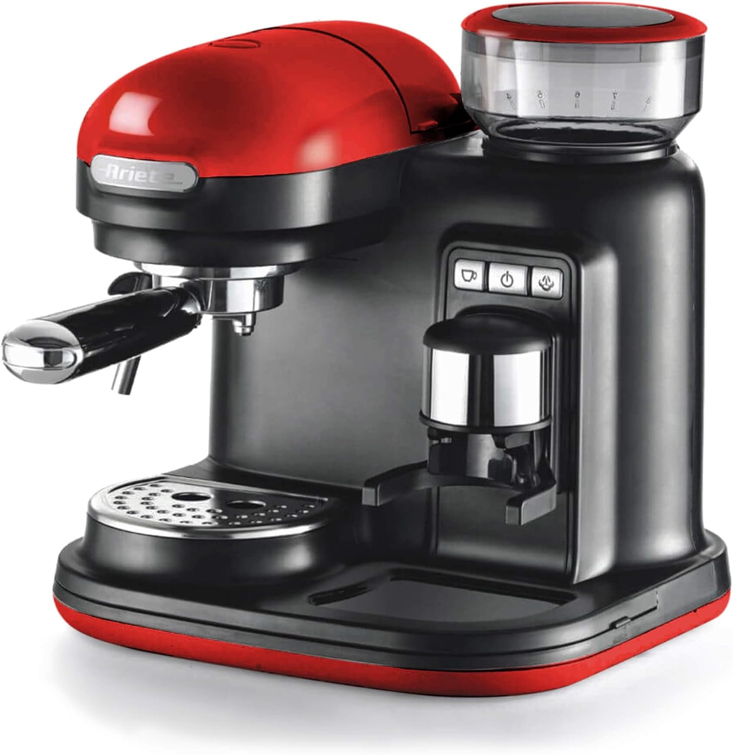 Ariete, Espresso Machine with Coffee Grinder Moderna 1318, Authentic Coffee, Filter for 1 or 2 Cups, Maxi Cappuccino, Automatic Shut-Off, Coffee Grinder with 250 g Capacity, Red