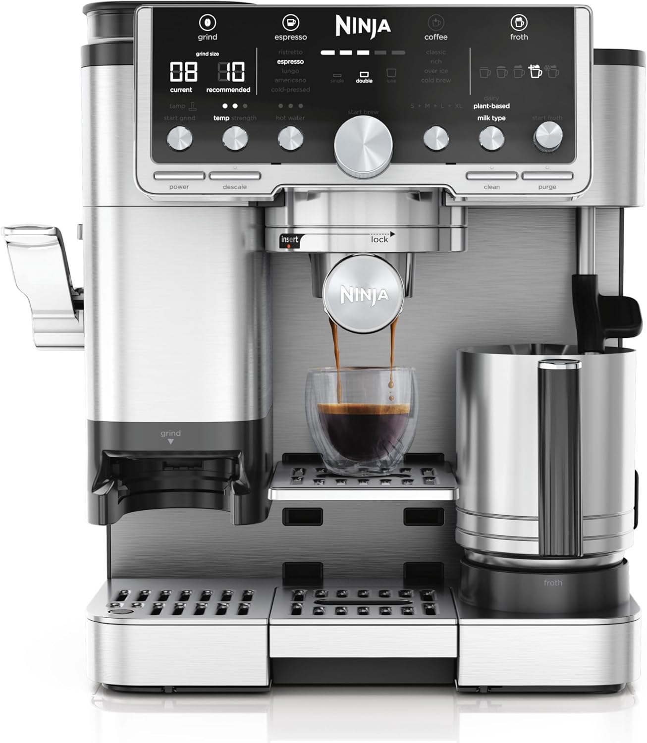 Ninja Luxe Pro ES701EU 3-in-1 Coffee Maker with Grinder and Frother for Latte, Cappuccino, Cold Brew & Espresso, Easy to Use, 5 Presets for Frothing, Silver