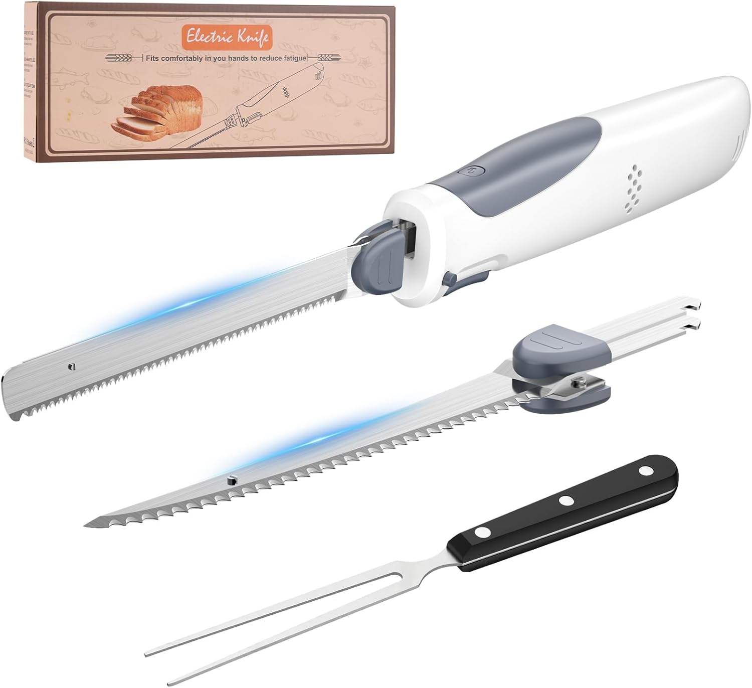 Electric Knife, Cordless Kitchen Knife with 2 Stainless Steel Blades and Fork, 8V Electric Knife Filleting Knife with Safety Lock for Meat, Fish, Bread, Fruit, Vegetables and Cheese