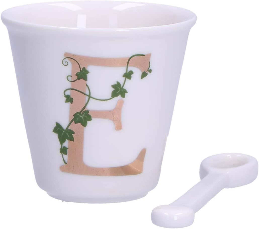 La Porcellana Bianca - Letter E with Teaspoon, Kitchen - Unique Line - Gift Idea - Porcelain - 75 CC, Diameter 6.7 cm, Height 6 cm