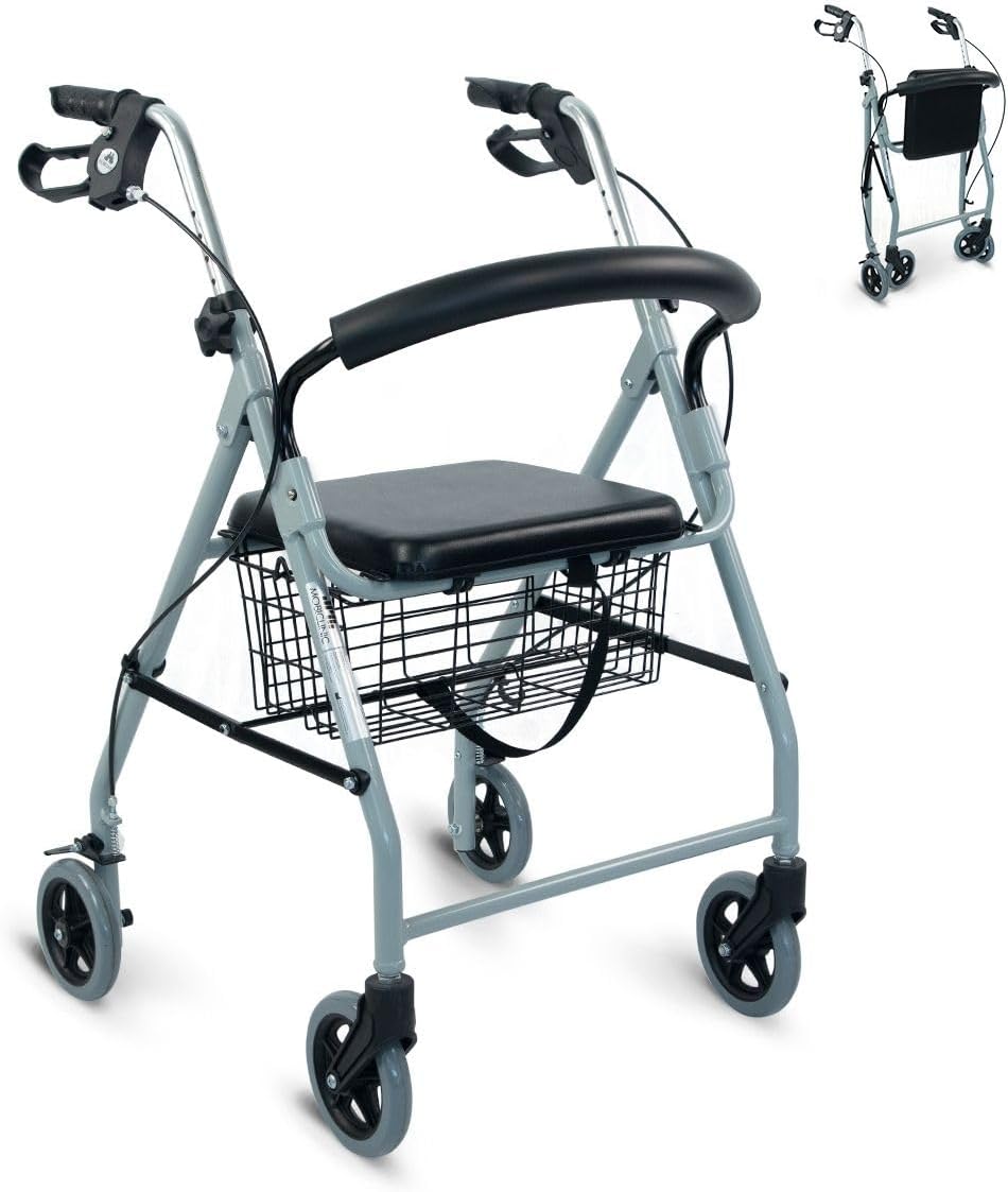Mobiclinic®, Walker, Foldable and Lightweight, Walking Aid with Seat Function, Padded Backrest, Handbrakes, Ergonomic Handbrakes, Removable Basket, European Brand, Model Alhambra, Grey