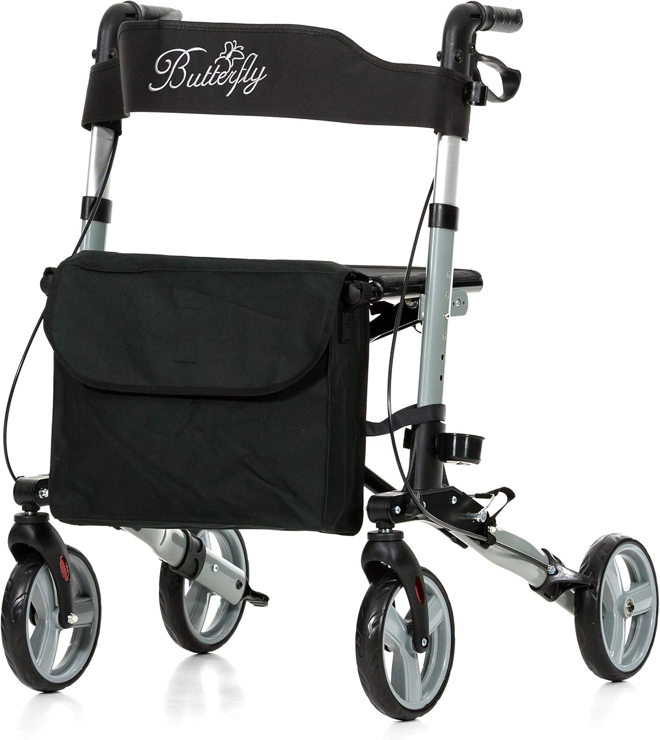 REHASHOP Lightweight Rollator Butterfly Grey - Foldable and Lightweight with Stick Holder