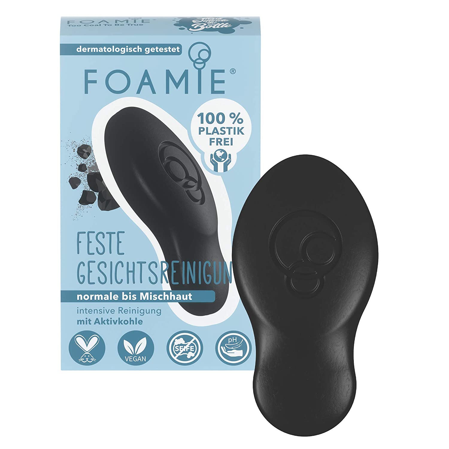 Foamie Solid facial cleanser for impure skin with clarifying activated charcoal and tea tree oil, peeling effect, 100% vegan, plastic-free and without animal testing, 60g, ‎black
