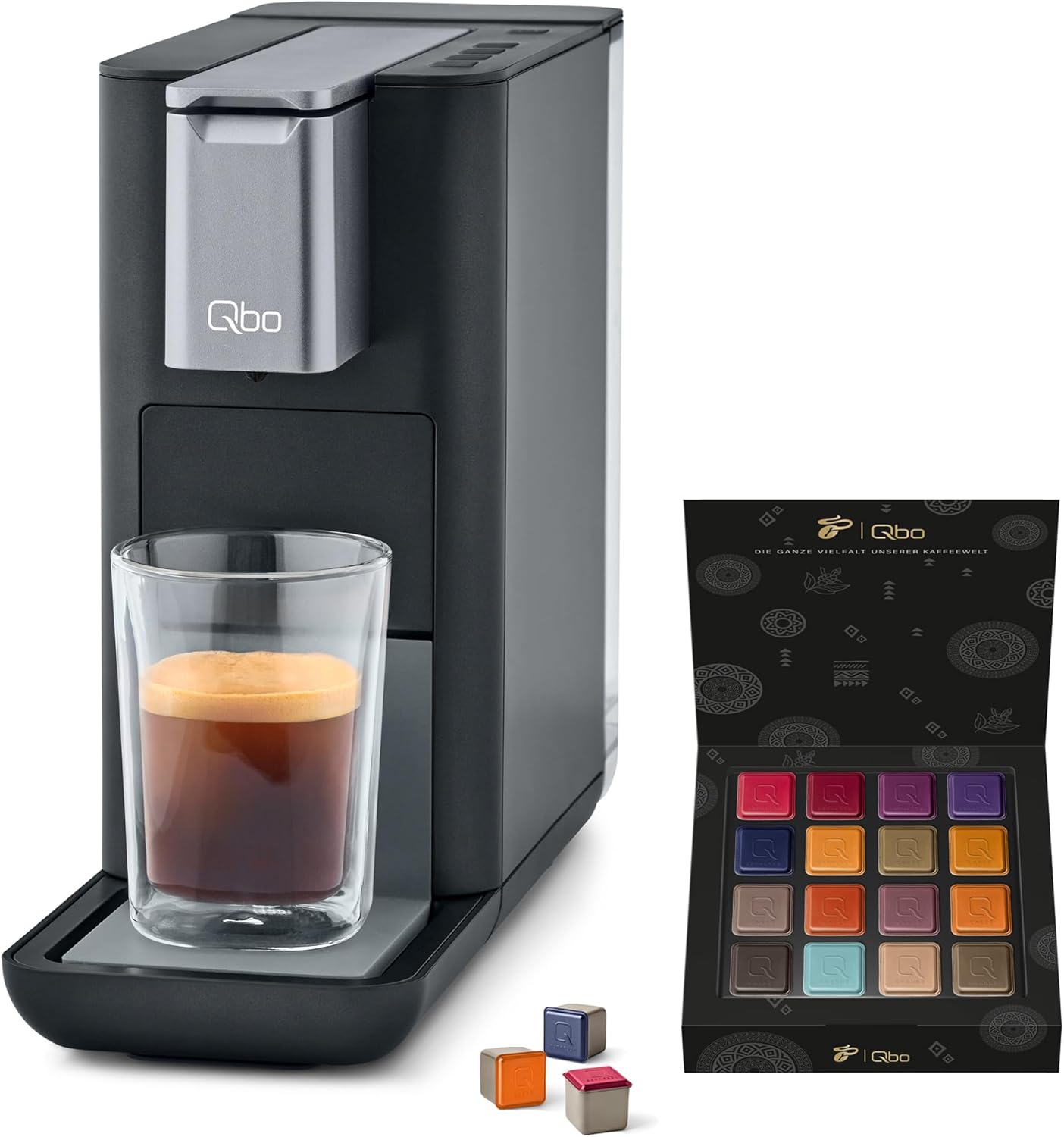 Tchibo Store Tchibo Qbo Essential Premium Capsule Machine with 16 Recyclable Qbo Capsules for Espresso, Caffè and Caffè Grande, Compact, Innovative Design, Dark Stone