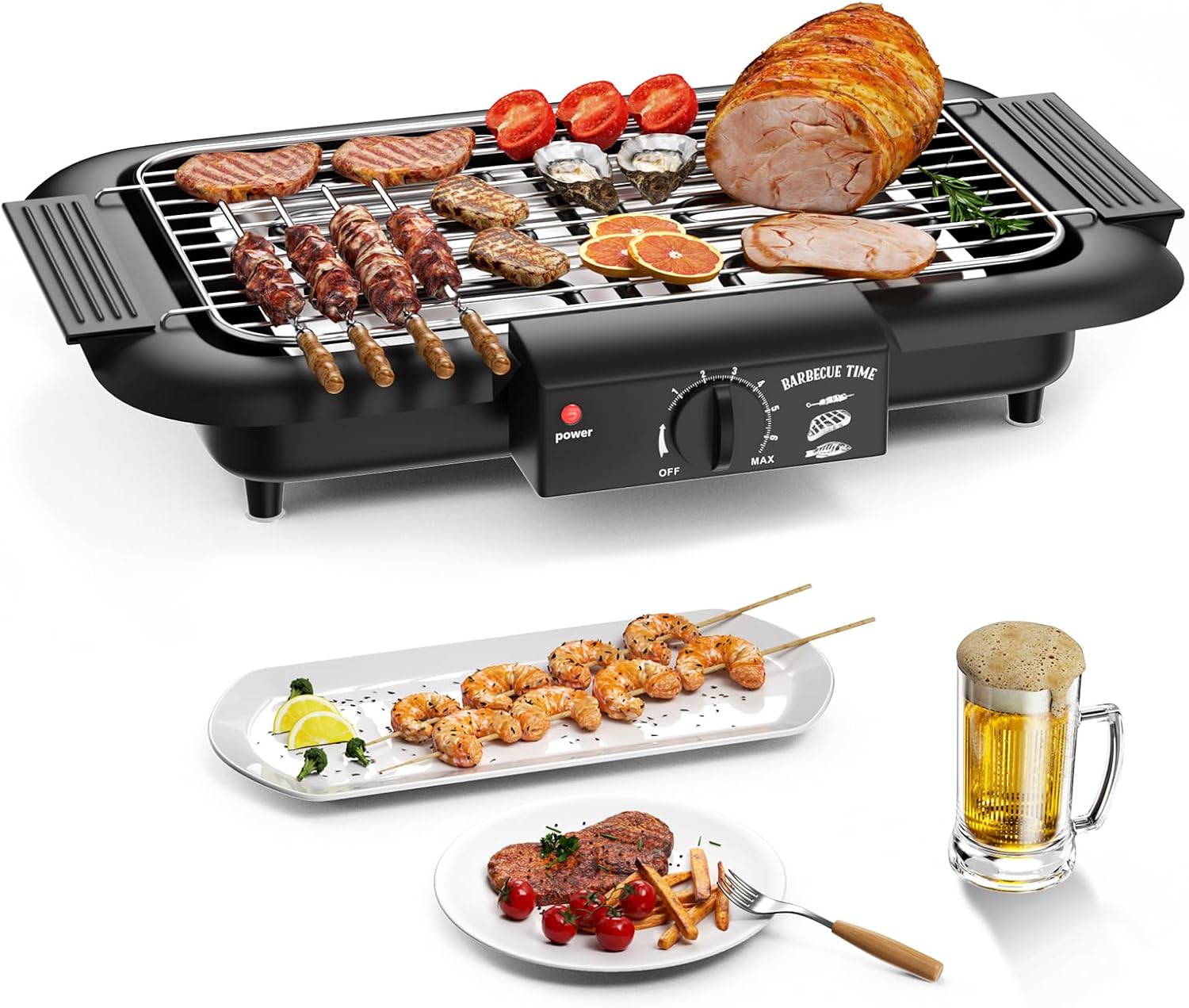 Mihoho Electric Grill Table Grill Electric, Electric BBQ Grill, Smokeless Non-Stick Indoor/Outdoor Grill, 2000 W Double Tube Portable Removable Stand Grill of High Power (Classic Black)
