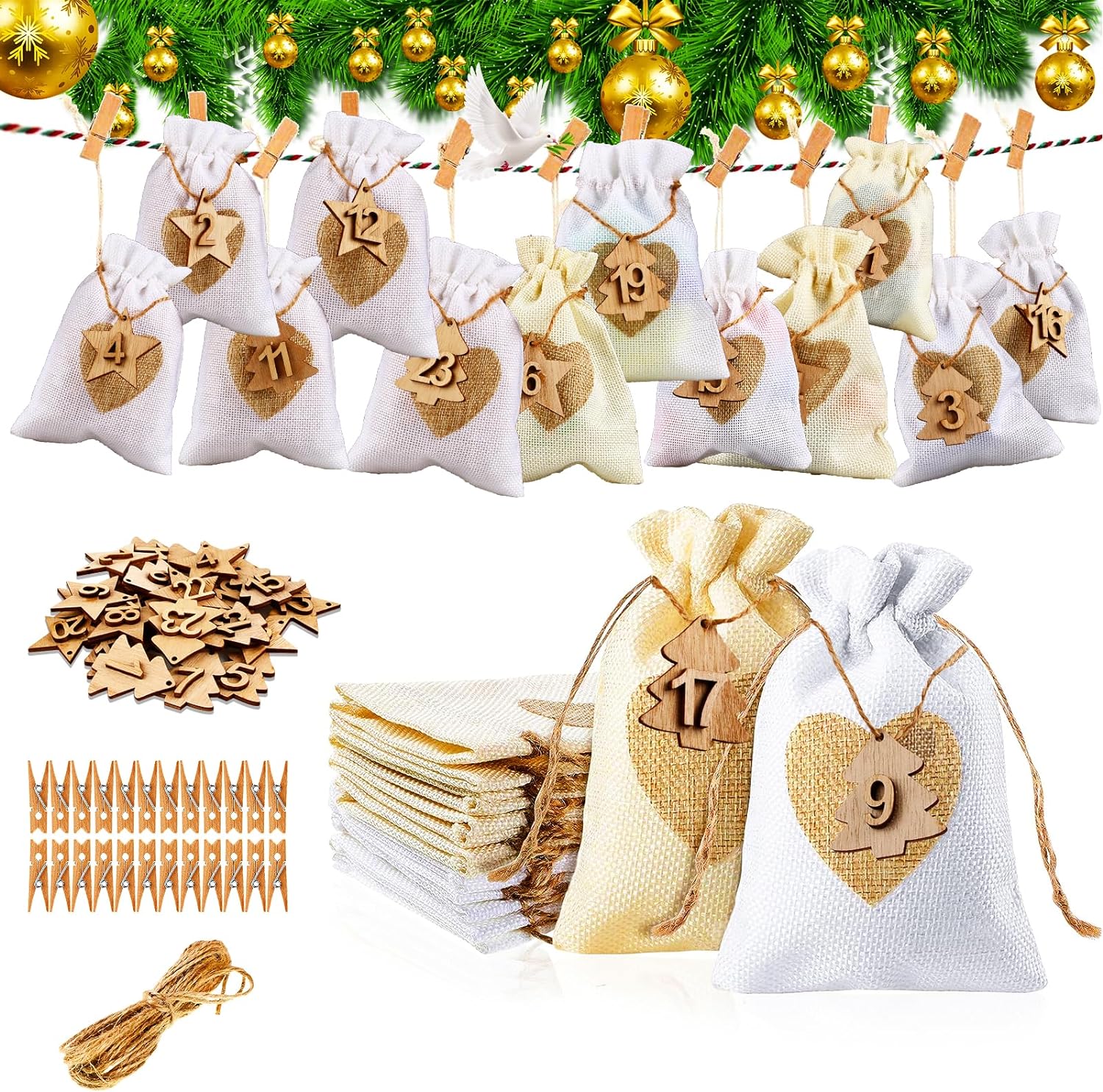 Binggunyo Advent Calendar for Filling Fabric, 24 Advent Bags Calendar, Jute Bags Advent Calendar, Large Advent Calendar Bags, Christmas Advent Calendar Bags Calendar String (Akuan)