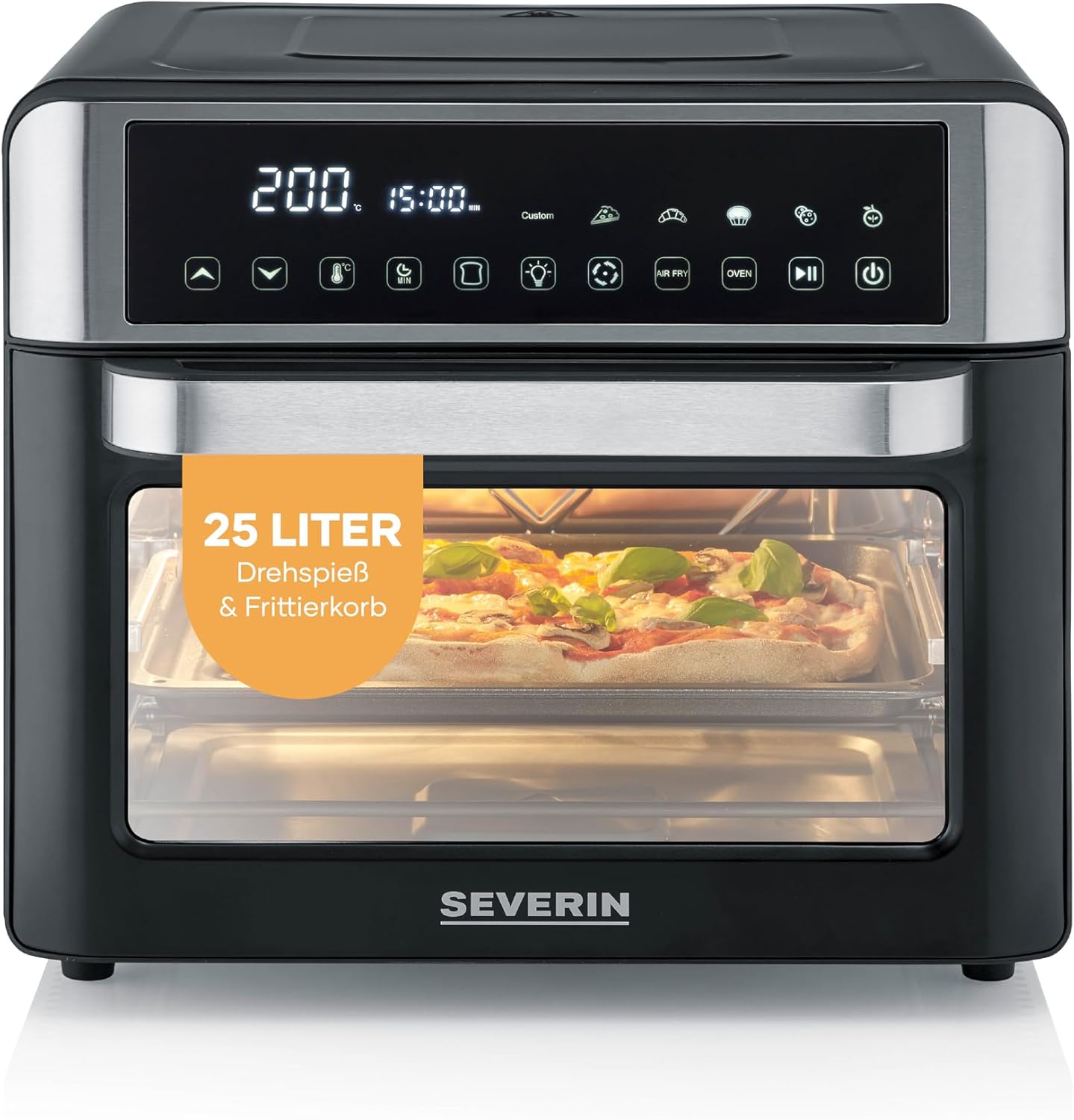 SEVERIN 2-in-1 Toaster Oven & Hot Air Fryer, Air Fryer, 25 L, with LED Display, Timer & 12 Auto Programs, Includes Baking Tray, Grill Rack, Frying Basket, 40-220°C, 2,200 W, Black/Silver, TO 9579