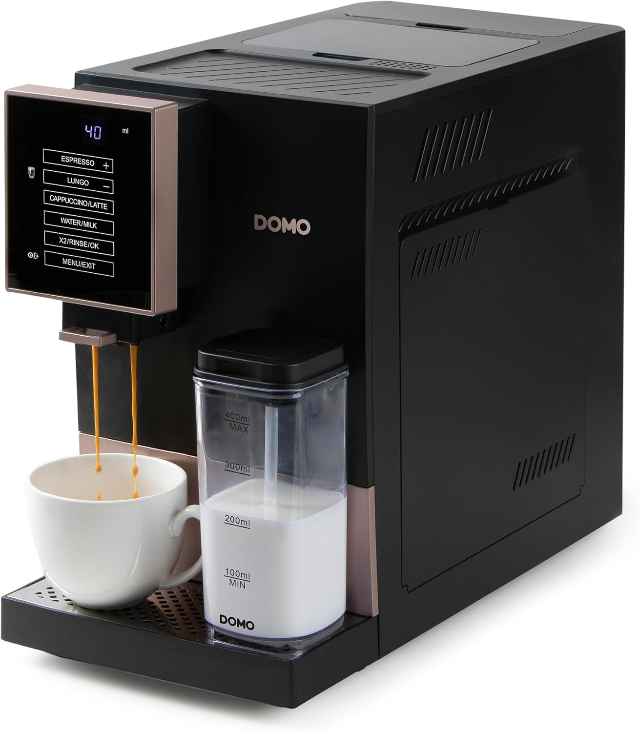 DOMO DO743K Fully Automatic Coffee Machine with Milk Frothing Nozzle - 19 Bar Italian Pressure Pump - 1.1 L - Touchscreen - Cup Warmer - Rose Gold/Black