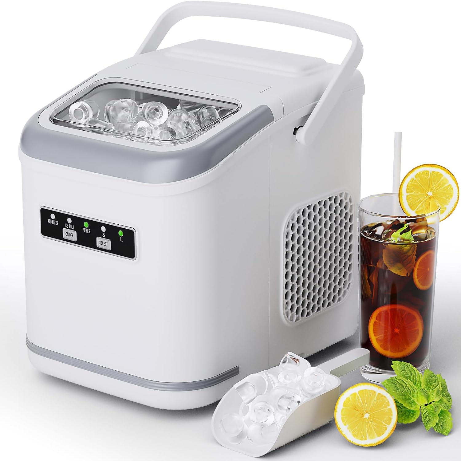LIFERUN Ice Cube Machine, 12.0 kg24H, 9 Ice Cubes in 6 Minutes, 2 Sizes of Bullet Ice, Self-Cleaning Ice Cube Maker with Scoop and Basket, Ice Cube Machines for Home, Office, Bar, Party (White)