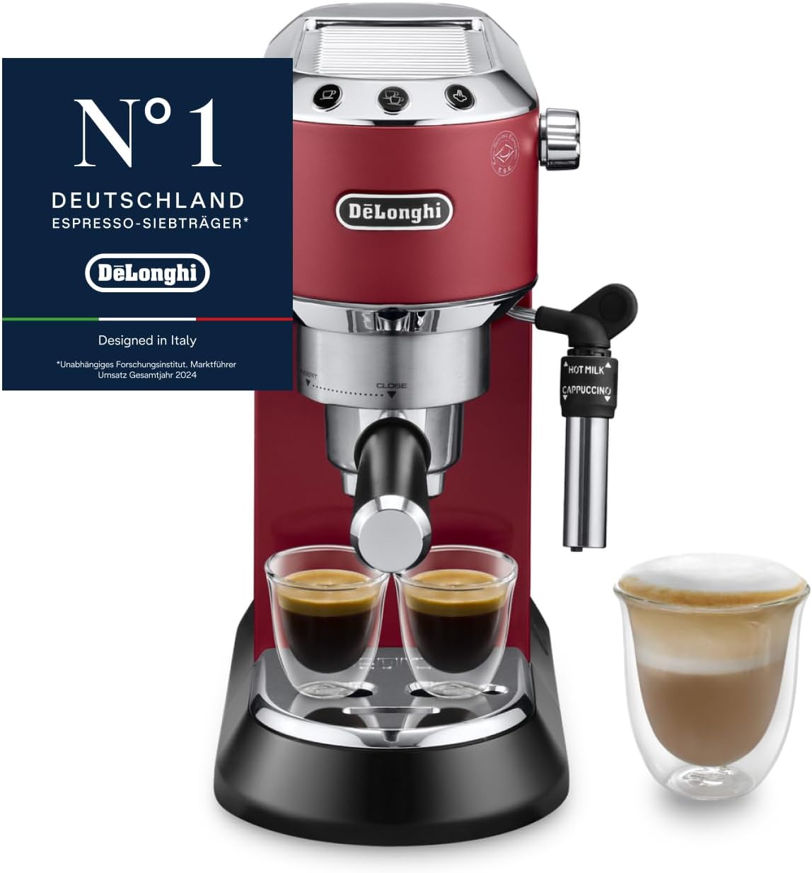 De\'Longhi Dedica Style EC 685.R Espresso Filter Holder Espresso Machine with Professional Milk Foam Nozzle 15 cm Wide 1 Liter Water Tank Full Metal Casing E.S.E Pads Red