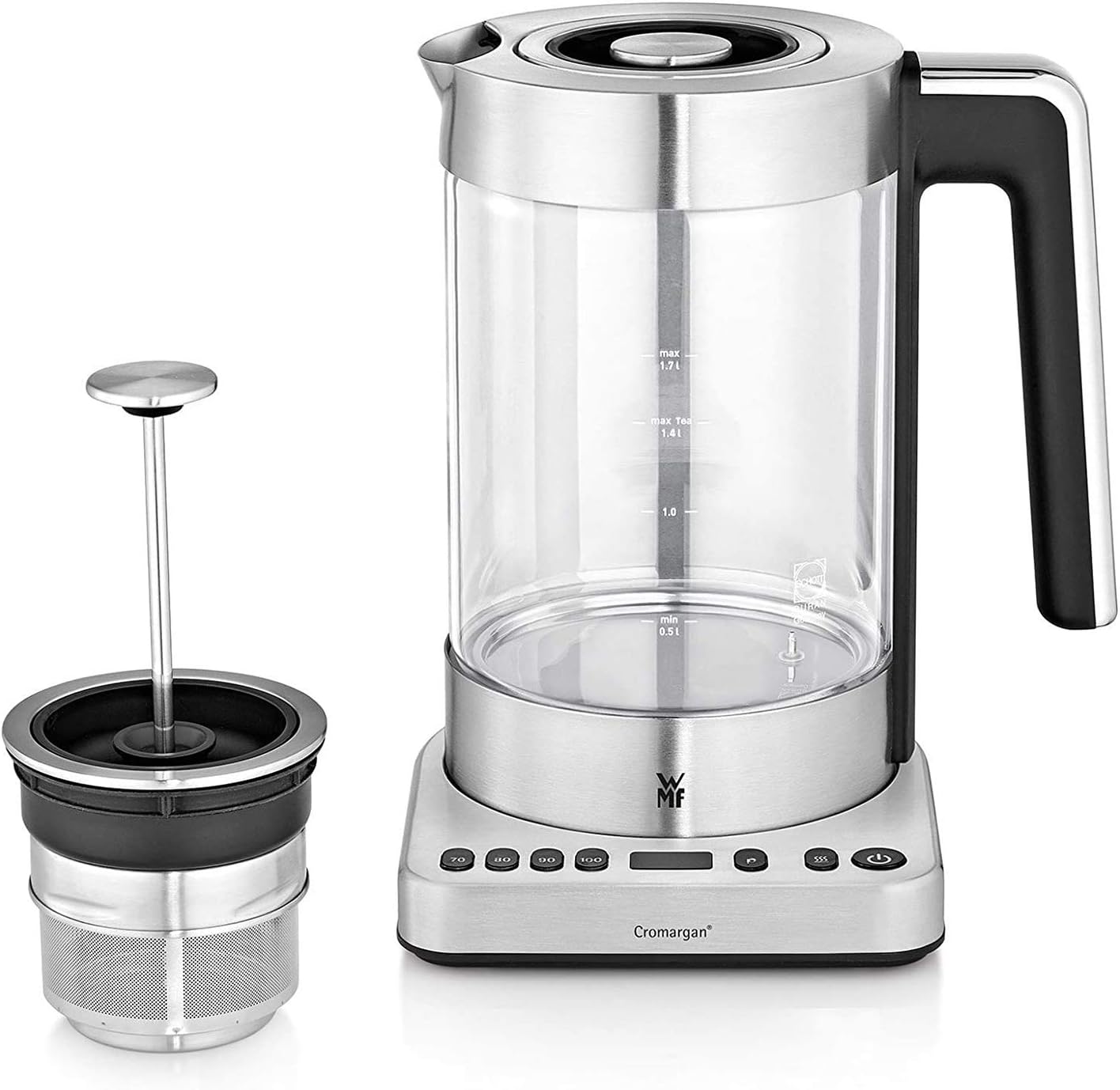 WMF Lono 2 in 1 Vario kettle, with temperature setting, 1.4 - 1.7 l, 3000 W, glass tea maker with tea strainer, keep warm function