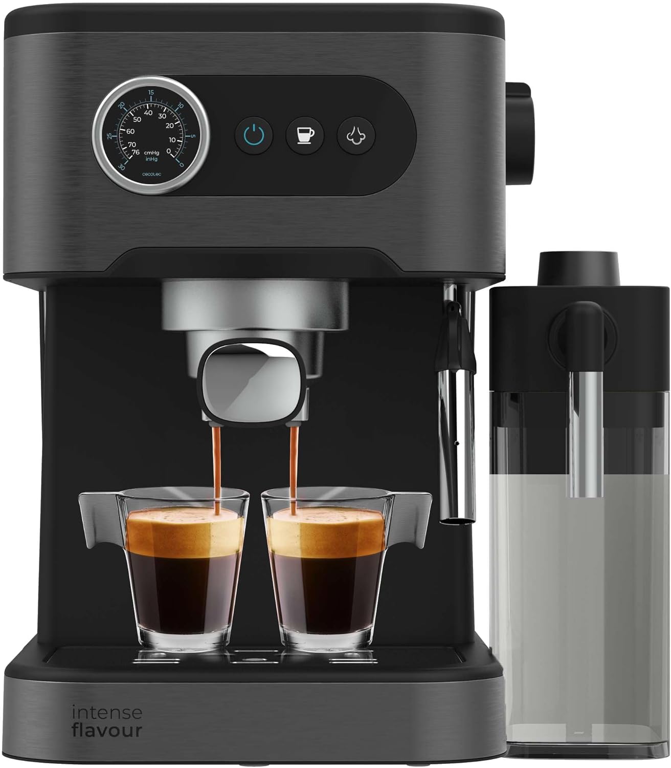 Cecotec Espresso Machine Power Espresso 20 Pro Latte, 20 Bar, Steam Nozzle, Display with Buttons, 1.5 L Water Tank, 550 ml Milk Container, Powerful, Versatile, Easy to Use, Cup Heating Surface