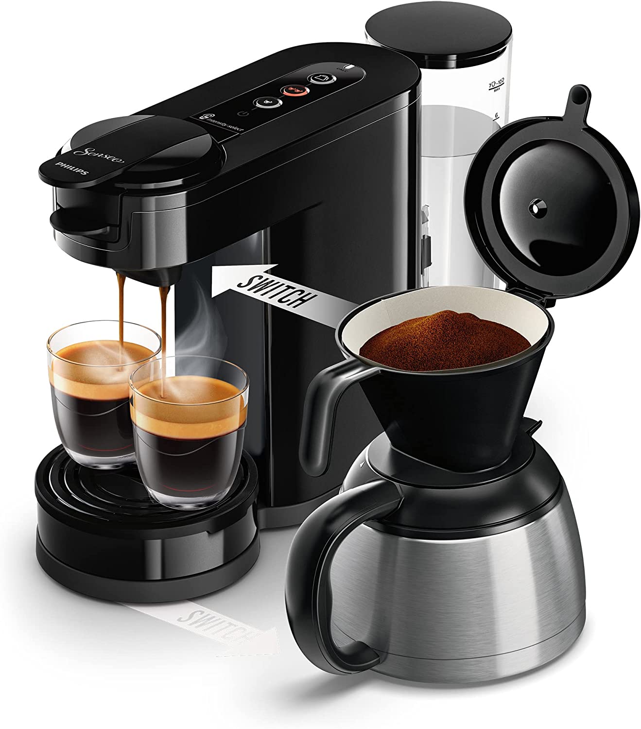Philips Domestic Appliances SENSEO® Philips Switch Pad and Filter Coffee Machine, 2-in-1 Brewing Technology, 1 Litre Water Container, 7 Cups in One Go, Piano Lacquer Black (HD6592/64)