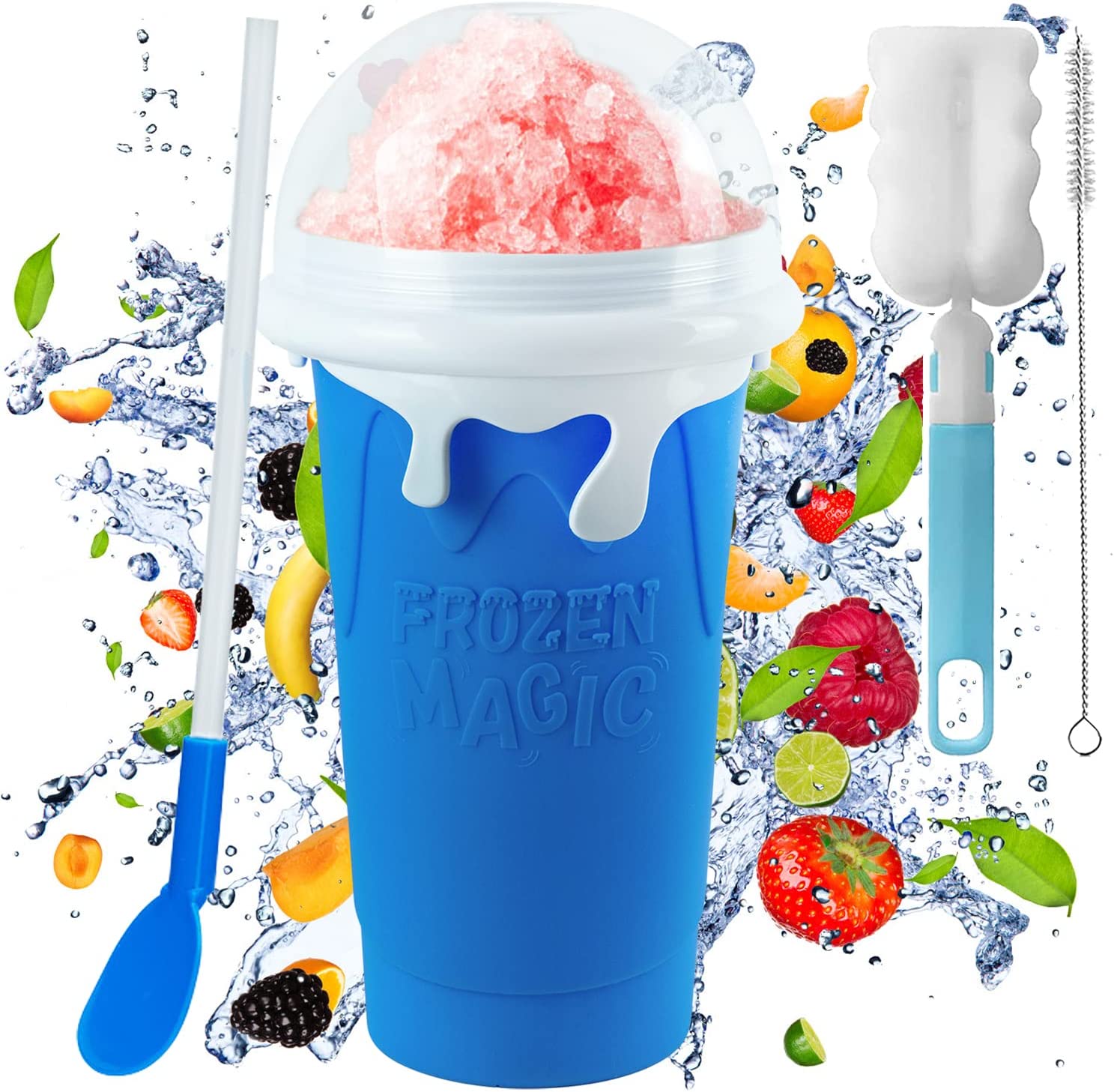 FJZZ 500 ml Slush Cup Silicone Squeeze Cup Slush Ice Cream Cup for Kneading Reusable Portable Quick Frozen Smoothies Cup with Straw Spoon for Delicious Slush Ice Cream for Children and Family