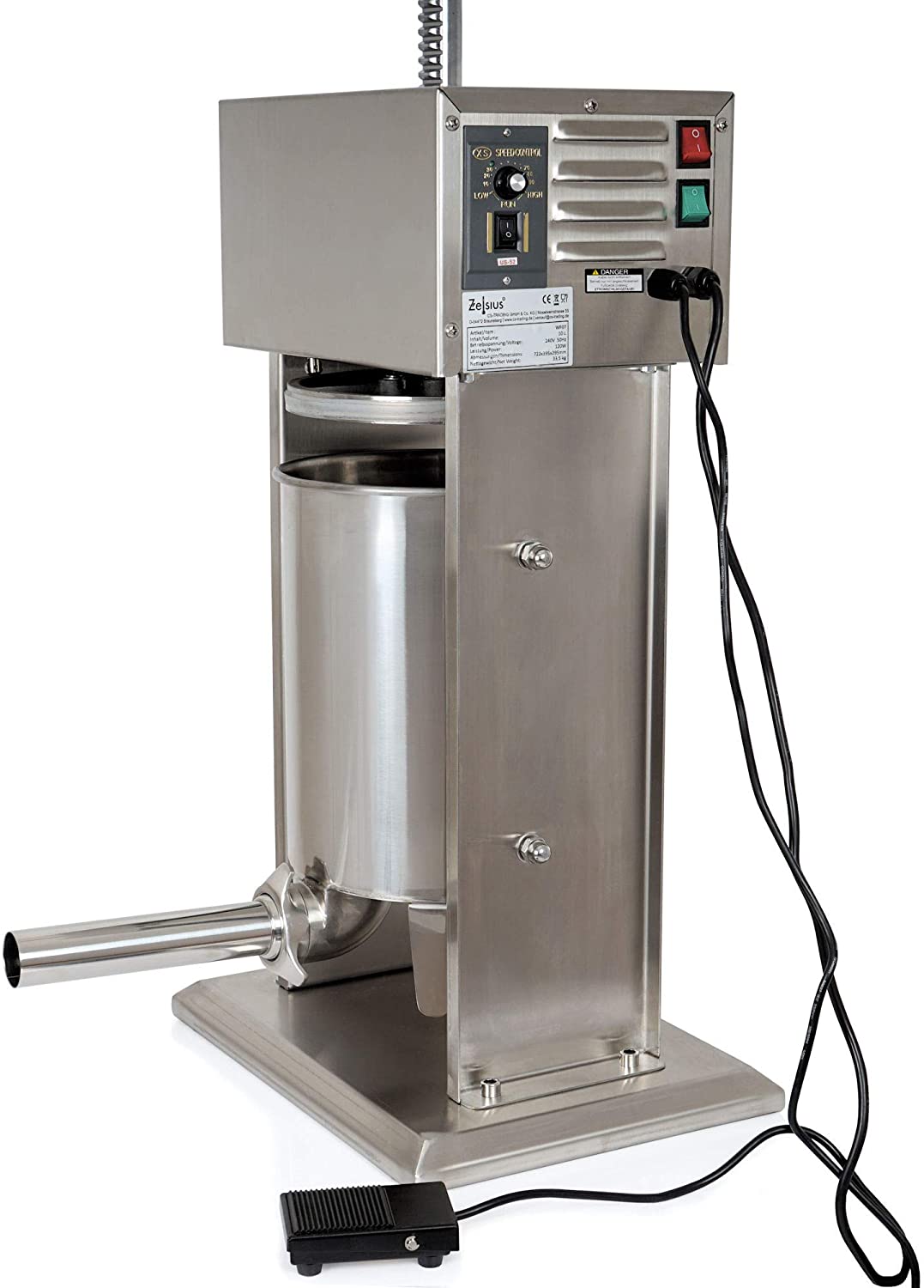 Zelsius professional sausage filling machine made of stainless steel + four different filling pipes, sausage filler, sausage press with 2-speed gearbox, ventilation valve and hand crank, Silver