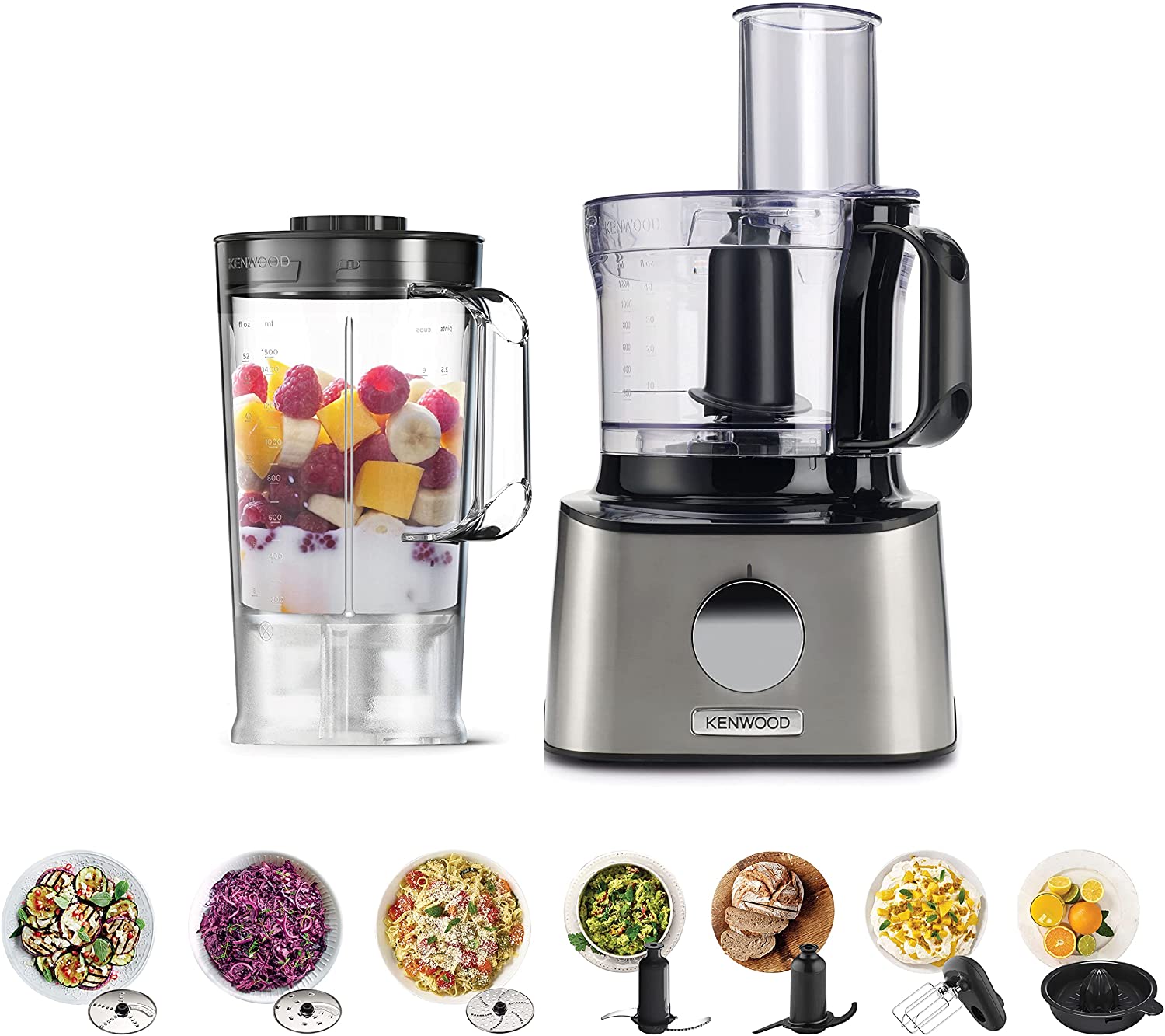 Kenwood FDM301SS Multipro Compact Food Processor, Powerful Kitchen Gadget with 2.1L Container, Acrylic Mixer, Double Whisk, Metal Housing