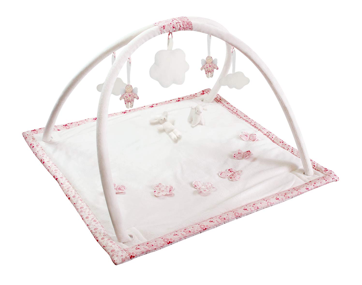 Trousselier - Music Crawling Mat - Play Mat - Butterfly, Sheep & Angel - Pink Flowers Printed Cotton - Music Romeo & Julia - Classic Chic - Ideal Birth Gift - Pink