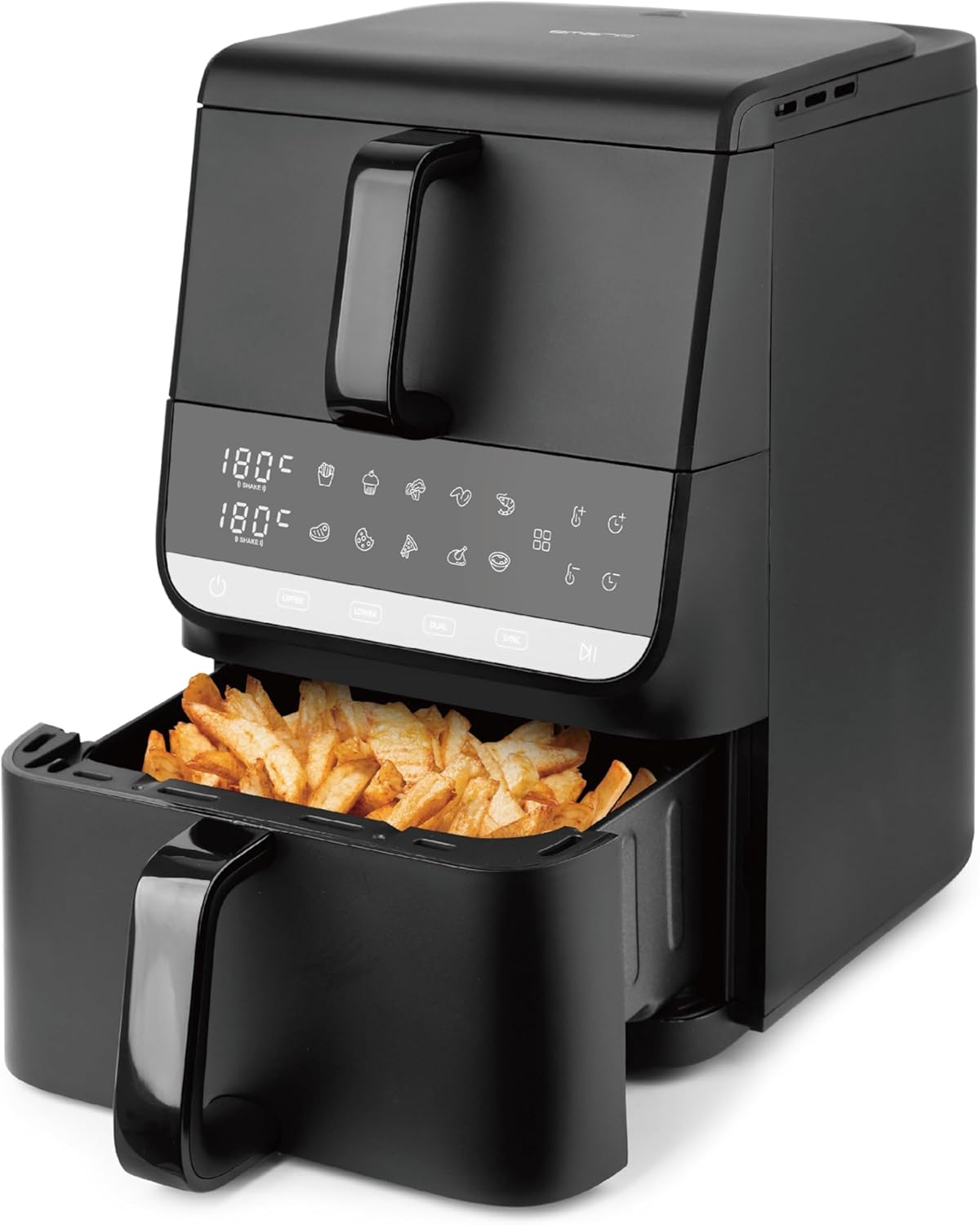 Emerio Store EMERIO Dual Zone Hot Air Fryer XXL (10 L) Smart Fryer with 2 Chambers (3.5 L Top & 6.5 L Bottom) Air Fryer with SYNC Function, Digital Touch Display, 10 Programmes, Fryer without Oil, AF-133542