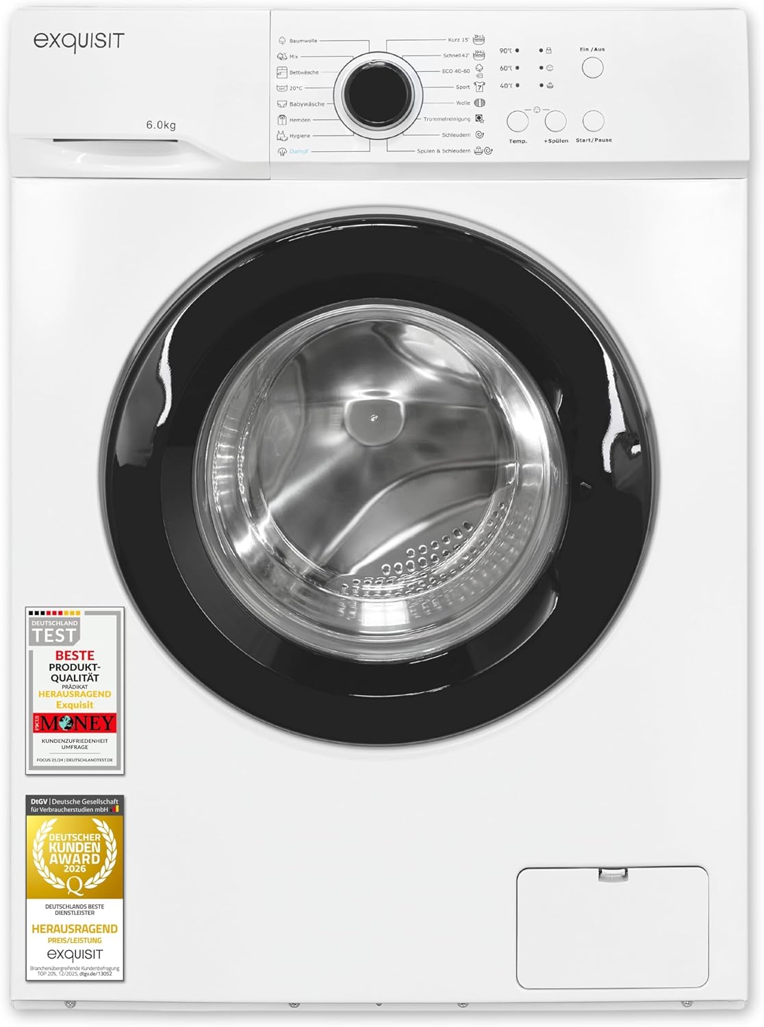 Exquisit Washing machine, 6 kg nominal capacity, 1000 rpm, energy class A, 76 dB(A), 85 x 60 x 44 cm, 16 programs, Eco 40-60, short program, manual temperature selection, Aquastop, WA56110-020A white