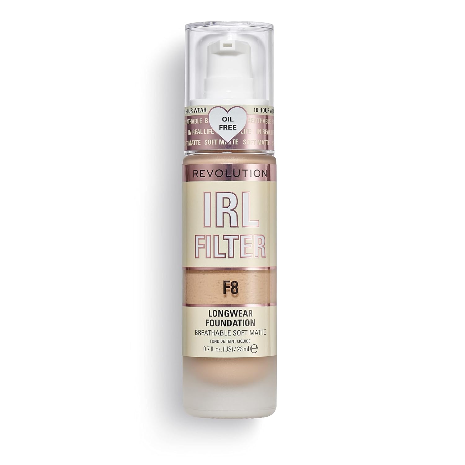 Makeup revolution, irl filter LONG LASTING Foundation medium to full coverage matte finish 16 hour shelf life f8 medium to light skin tones 23ml