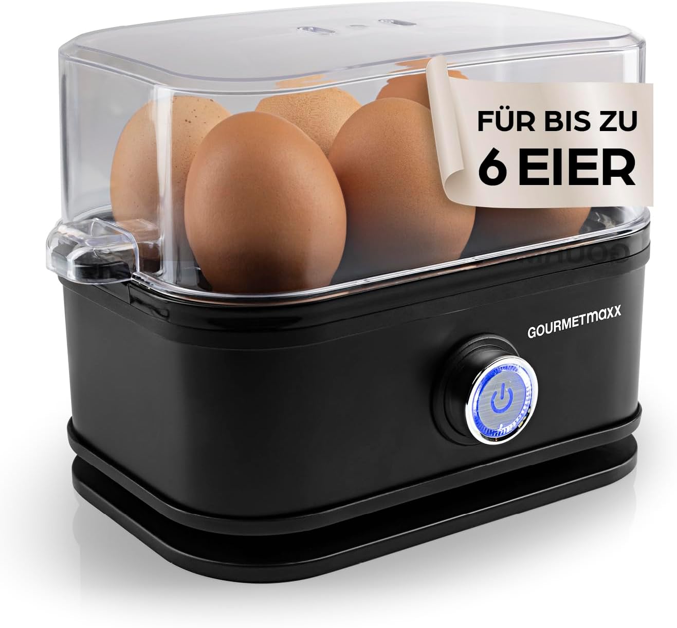 GOURMETmaxx Egg Cooker for 6 Eggs, Egg Boiler with Egg Cutter in Measuring Cup, Egg Cooker with 3 Hardness Levels, Suitable for Every Egg Cup, Black Egg Cooker Design, Dishwasher Safe Parts
