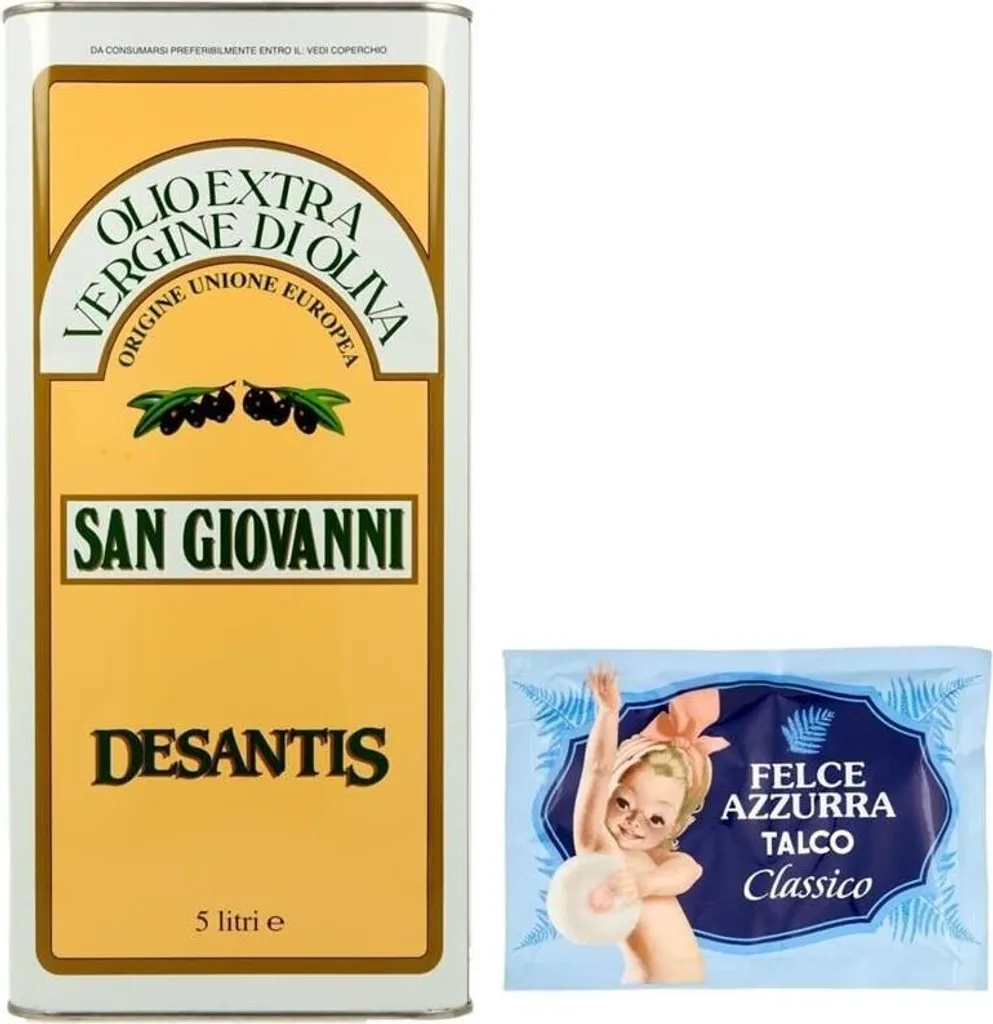 1 pack De Santis San Giovanni Extra Virgin Olive Oil, Ideal for all kitchen uses, 5L can + 1 pack Felce Azzurra Talc Powder, 100g sachet 3100 ml