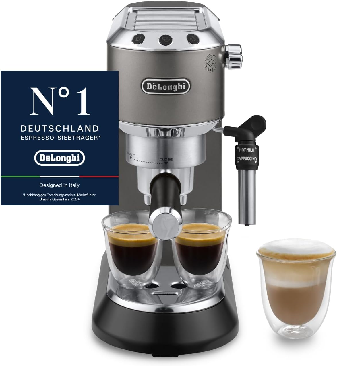 De\'Longhi Dedica Style - Perfetto Compact Portafilter Machine Espresso Machine with Buttons, Manual Milk Frother for Espresso and Cappuccino, ESE Pad Suitable, 15 cm Wide, Titanium (EC685.TB)