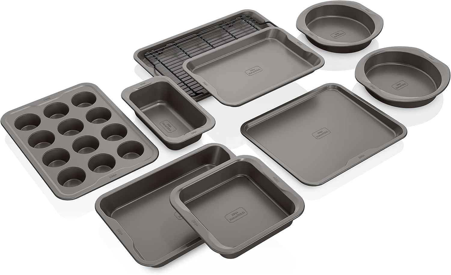 Ninja Foodi NeverStick B39010 Premium Oven Safe to 250°C Baking Pan Set, with (2) Baking Trays, Biscuit Tray, Loaf Pan, Muffin Pan, (4) Cake Tins and Cooling/Roasting Rack, Gray, 10-Piece