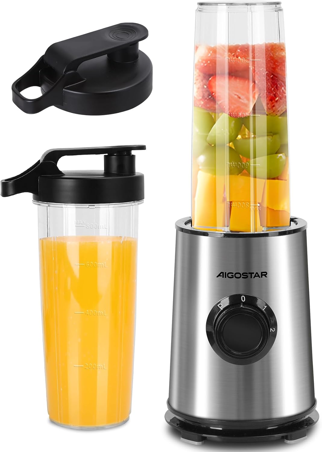 Aigostar Smoothie Maker, Mini Stand Mixer, 600 W, 2 x 800 ml Cups with Travel Lid, 2 Speed Levels + Pulse Function, Ice Crush Function, Tritan Plastic Bottle, BPA-Free. Baron