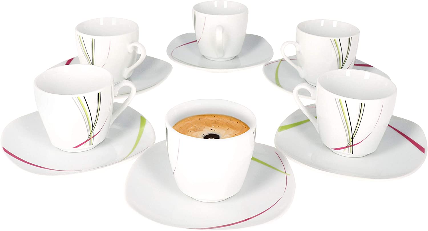 Van Well I 12-Piece Espresso Cups Set Fashion I 6 People I 6 x Small Porcelain Cups 80-110 ml + 6 x Saucers I Abstract Stripes Pink/Green/Grey/Black I Porcelain Crockery