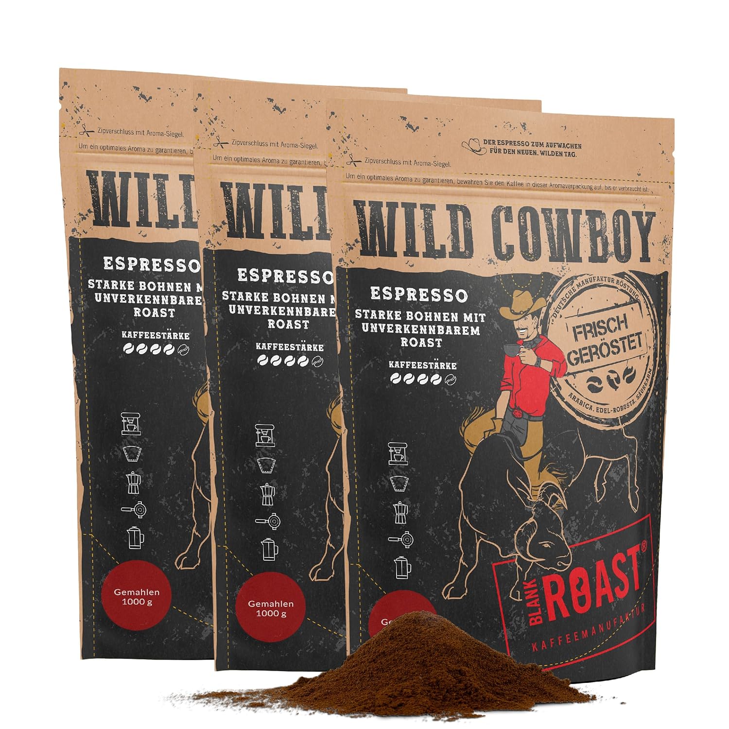 Blank Roast - Wild Cowboy Espresso - Ground for Filter - 1 kg (Pack of 3) - Roasted with Hickory Wood - Arabica & Edel Robusta - Blend from Brazil and Uganda - with Chocolaty Nuances - Low Acid