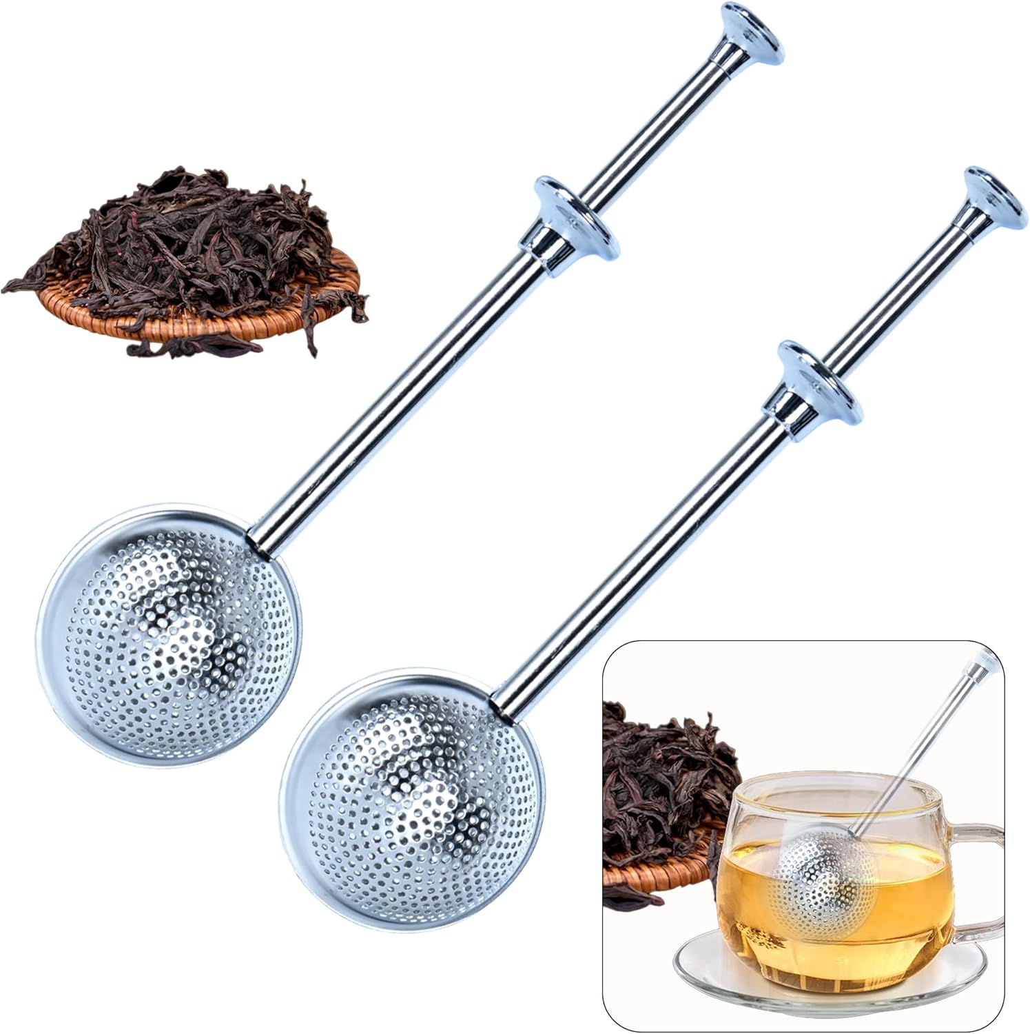 Tea Strainer for Loose Tea, Stainless Steel Tea Strainer & Tea Filter Set (2 Pieces) - Large Tea Infuser with Telescopic Handle, Tea Accessories for Tea, Coffee, Spices