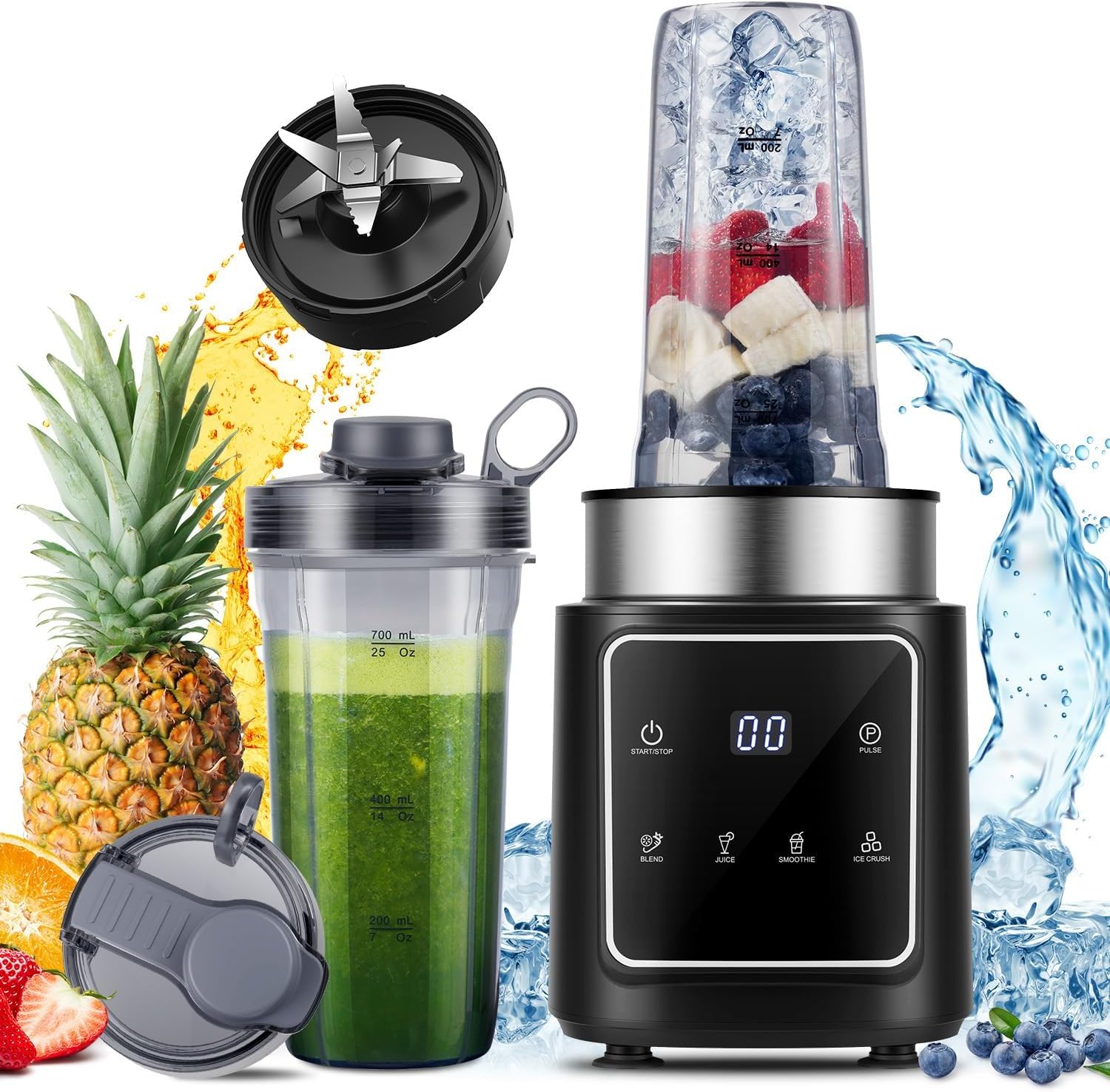 SHARDOR Stand Mixer, 1500 W, Smoothie Maker with 4 Programmes + Pulse Function, Ice Crack Knife 6 Blades for Mixer, 2 x 900 ml Bottles, for Smoothies, Milkshakes and for Freezing Fruit