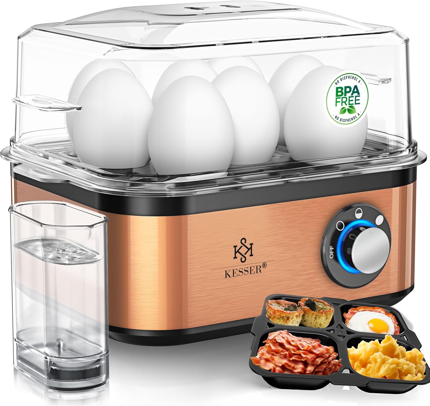 KESSER Egg Cooker for 1 to 8 Eggs Electric Stainless Steel 500 W & Keep Warm Function LED Rotary Switch Three Hardness Levels BPA Free & Dishwasher Safe Measuring Cup, Egg Holder & Omlette Bowl Copper