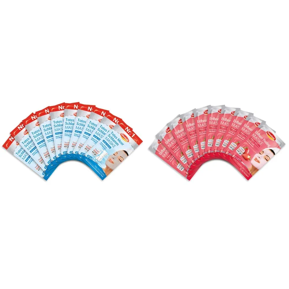 Schaebens Dead Sea Mask, 10 x 15 ml & Strawberry Mask (10 x 12 ml) 3-Phase Effect with Strawberry Fresh Cells and AHA Fruit Acids for All Skin Types.