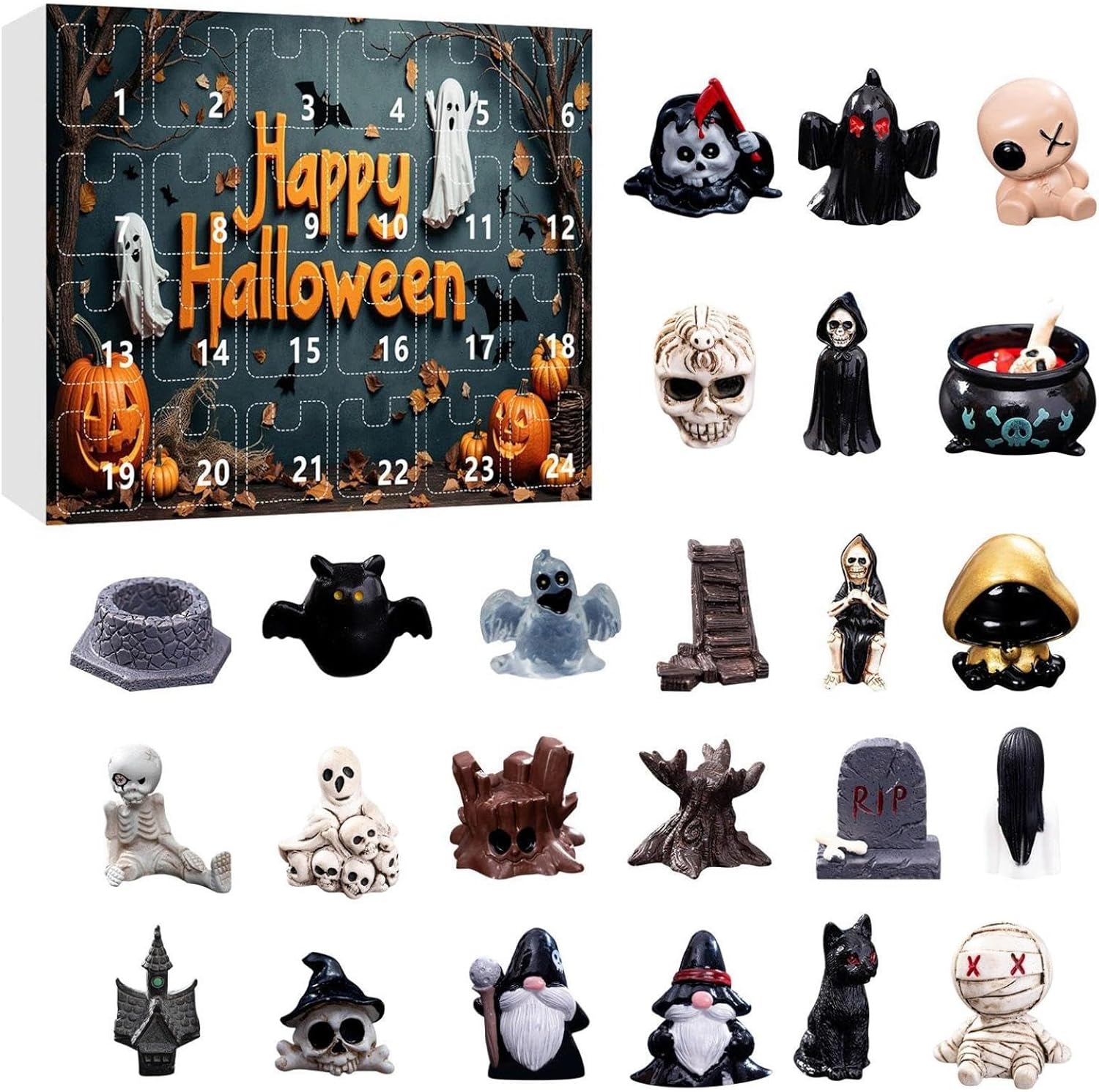 Skyrabbiter Halloween Advent Calendar 2025, 3D Spooky Village Set with 24 Figures, 24-Day Countdown Calendar, Halloween Horror Figures, Fun Surprise Gift for Kids (D)