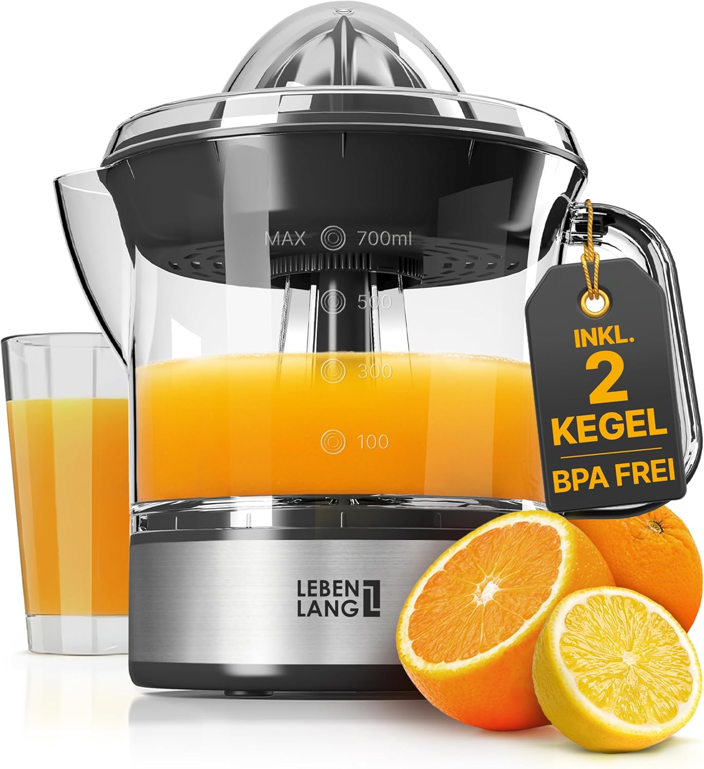 Lifelong Lemon Squeezer Electric High Juice Yield Juicer, Orange Squeezer 2 Directions of Rotation Electric Fruit Press with 2 Cones Stainless Steel