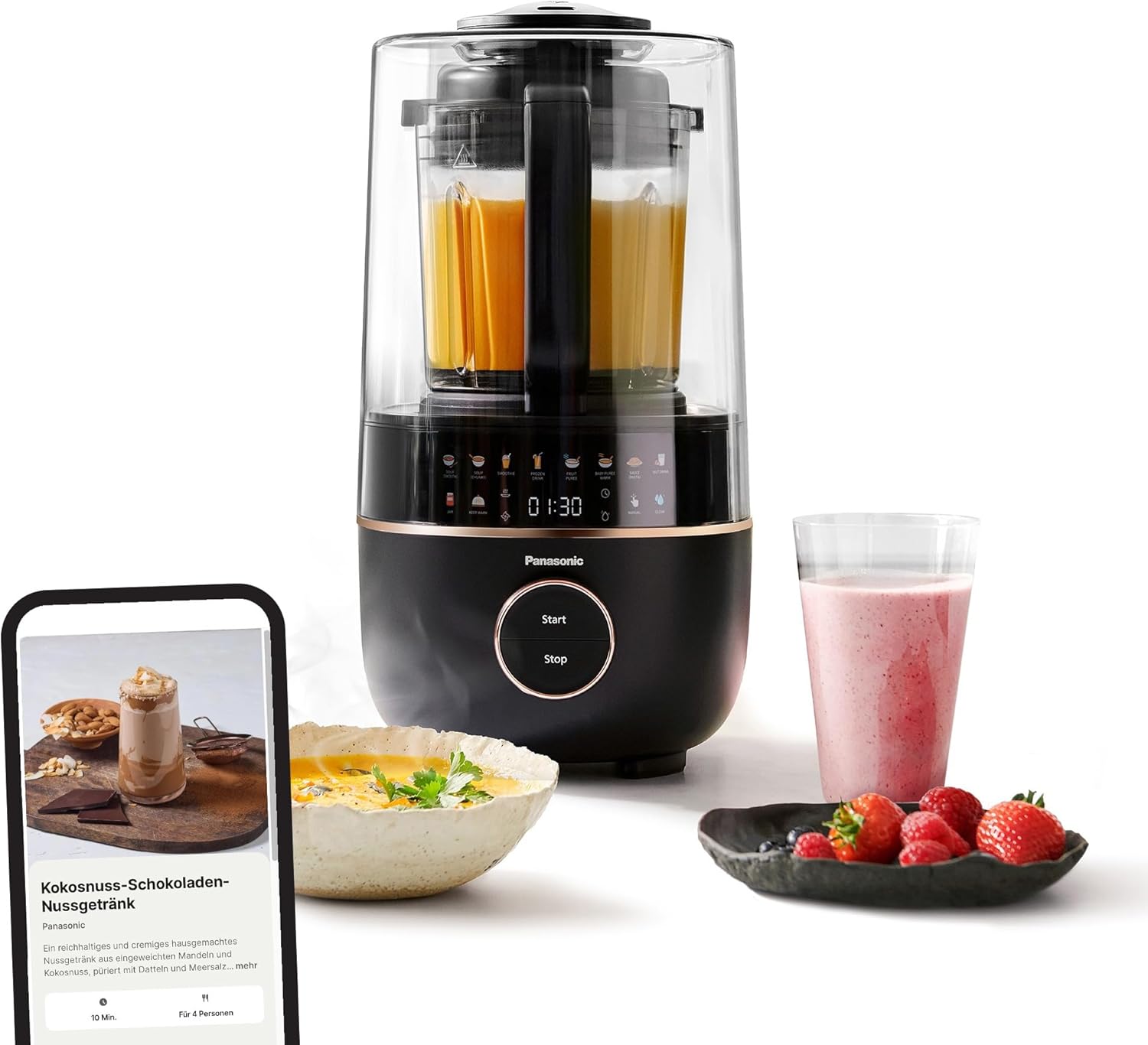 Panasonic MX-HG4401KXE Blender & Soup Maker, 1.2 L, 800 W, Quiet Mixer, Hot & Cold, 9 Automatic Programmes, 10 Speed Levels, Timer, Keep Warm, Automatic Cleaning, Black & Rose Gold