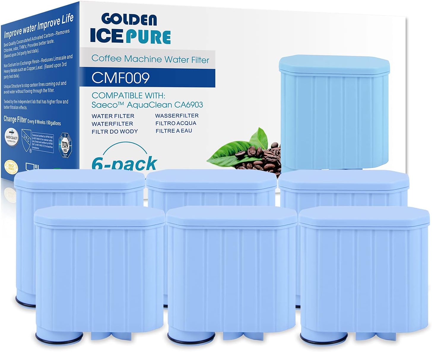 Fully Automatic Coffee Machine Water Filter Replacement for Saeco AquaClean CA6707 CA6903/00 CA6903/01 CA6903/99 CA6903 Limescale Filter Aqua Clean Filter Cartridge Pack of 6 GOLDEN ICEPURE