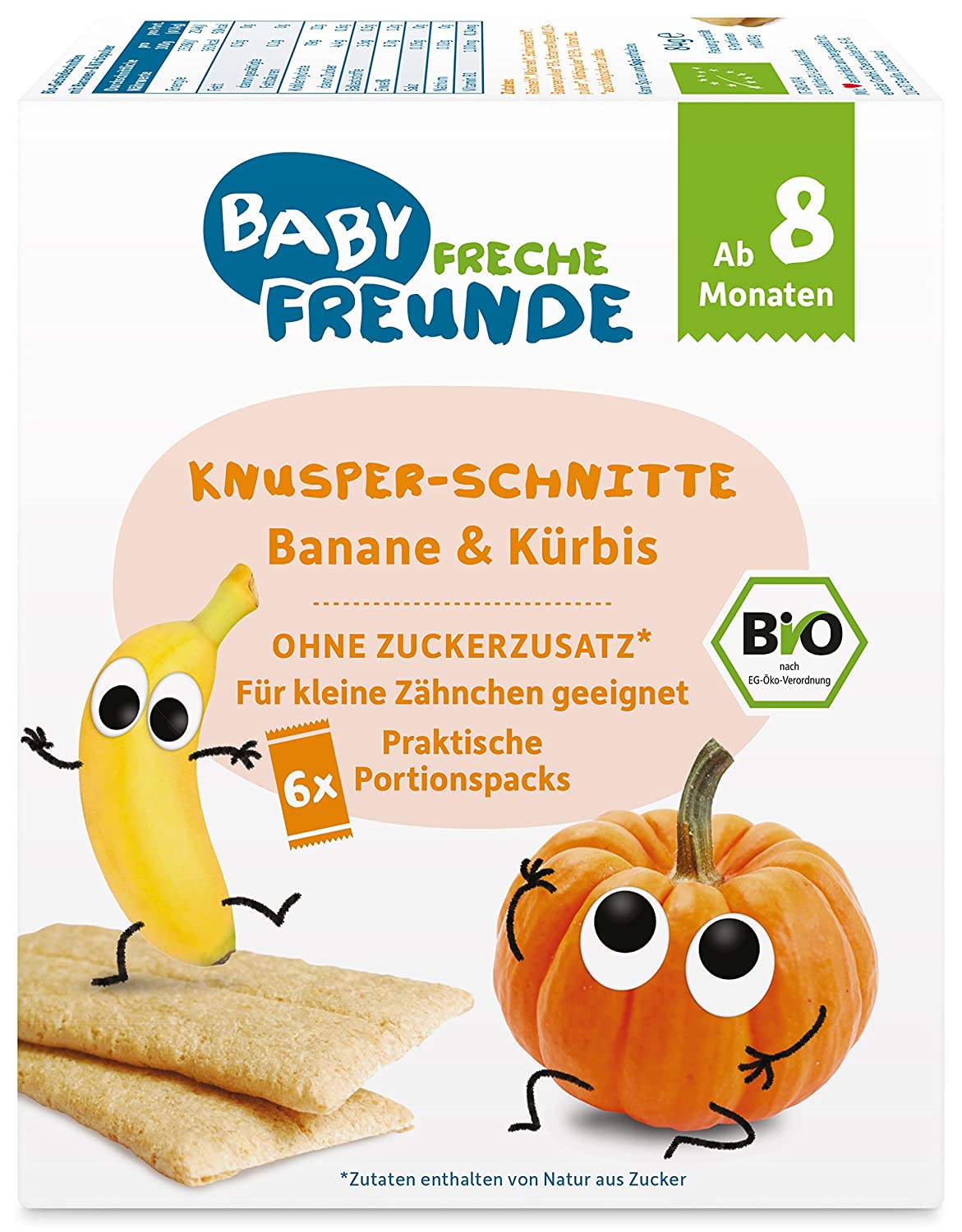 BABY FRECHE FREUNDE Bio Knusper-Schnitte Banane & Kürbis, Knusperbrot für Babys ab 8 Monaten, Baby Snack ohne Zusatzstoffe, ideal beim Zahnen, 6er Pack