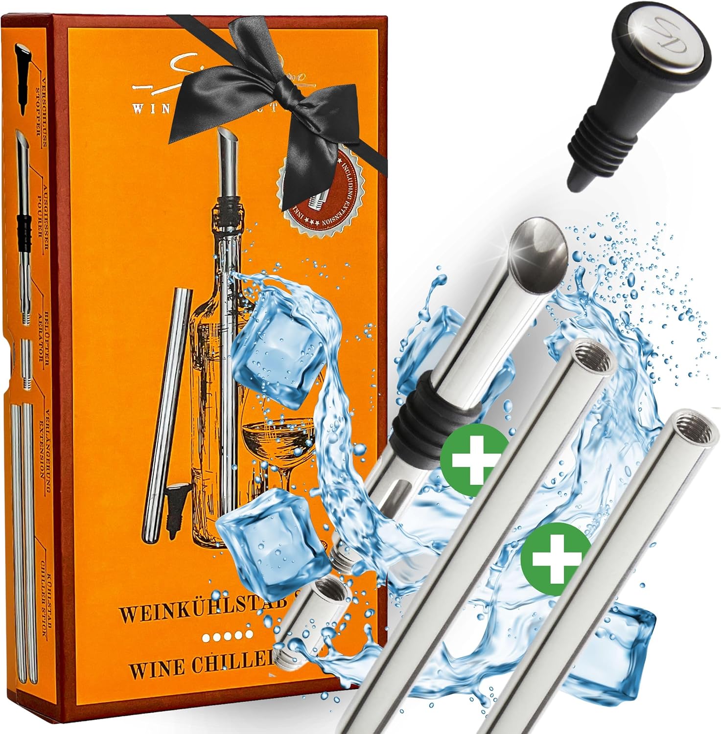 SIMPLEX DOMO Wine Cooling Rod Set - Stainless Steel Pourer & 2 x Wine Cooler Sticks, Includes Extension & Bottle Stopper, Elegant Gift Box - For Long-Lasting Wine Enjoyment