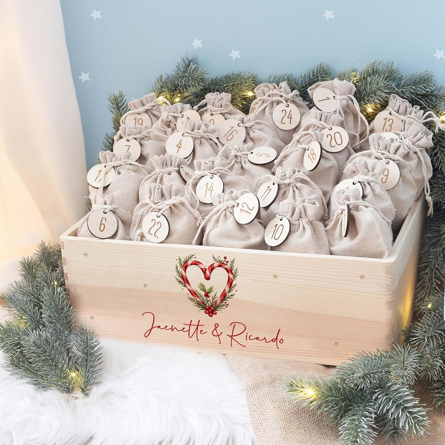 Personalized Advent Box - Advent Calendar for Adults Made of Wood with Name - Engraving Calendar DIY - Christmas Calendar for Couples - Hello Mini (Sugar Heart Couples)