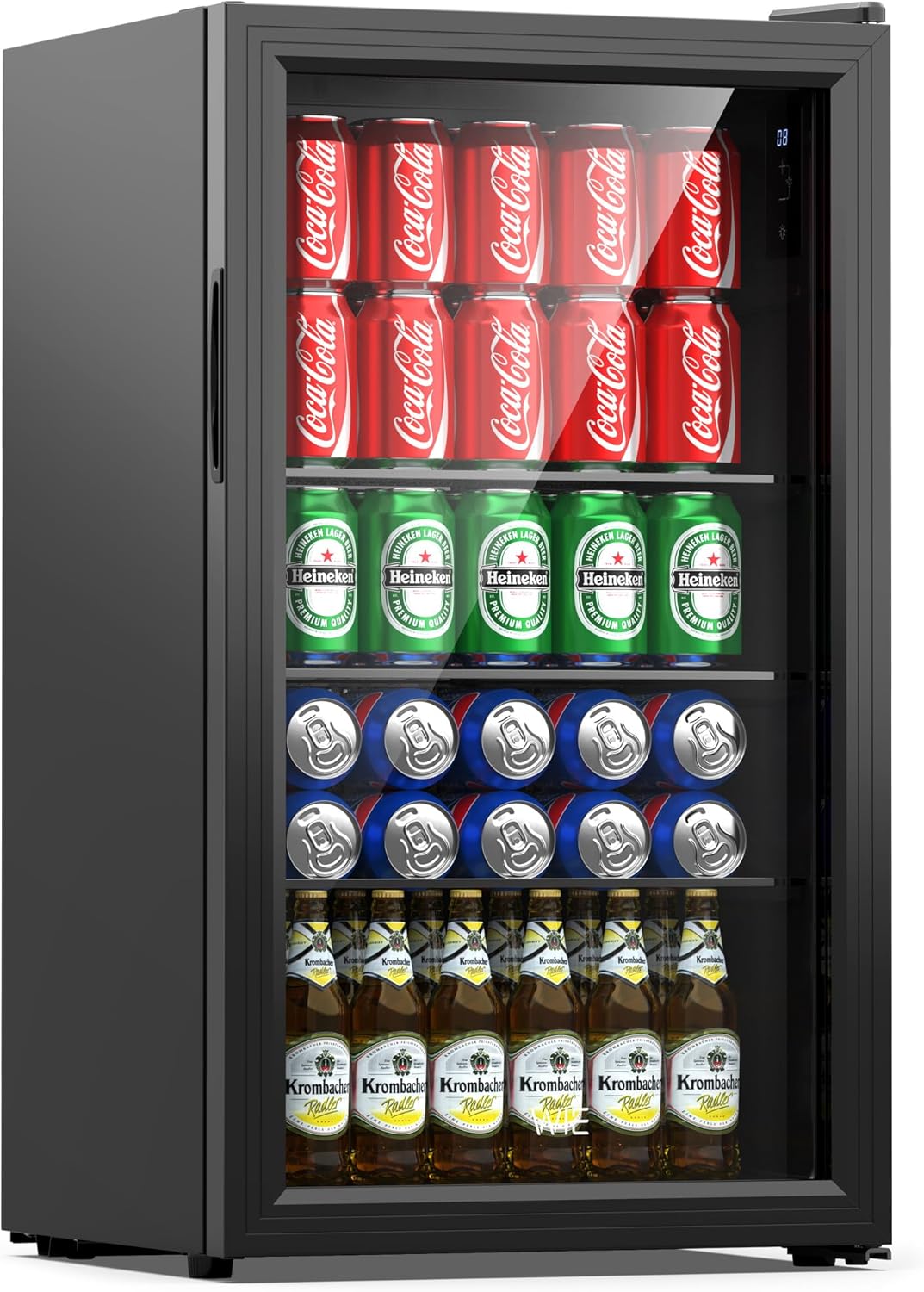 HOW Drinks Fridge Mini Fridge with Double Glass Door with Adjustable Shelves Indoor Outdoor Small Beer Fridge Reversible Door Quiet 86 Liters 120 Cans for Soda/Beer for Home/Kitchen/Bar/Office
