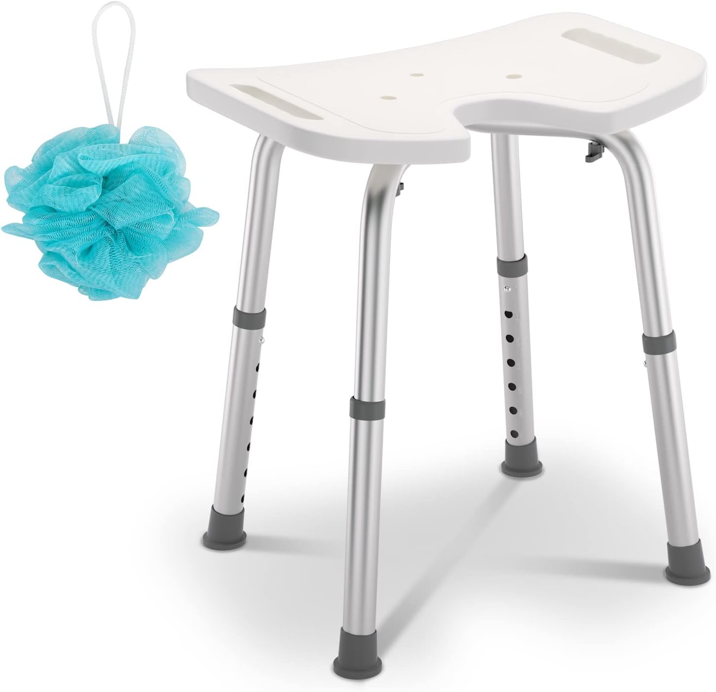 Tubiaz Store M1-GGP8977c Shower Stool for Seniors, Bath Aid, Height Adjustable 51 x 26 x 41-56 cm, U-Seat, Non-Slip Padding up to 136 kg Load, Pack of 1