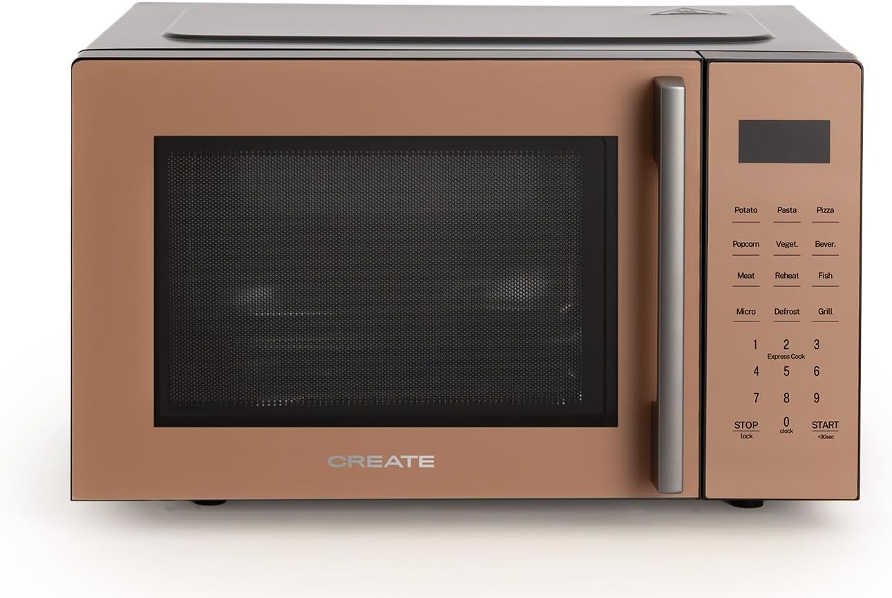 CREATE Microwave Studio Microwave with Grill Function and Mocha Oven, Capacity 23 L, Turntable Diameter 28.5 mm, 10 Power Levels, 8 Automatic Programs, 3 Grill Modes, LED Display, 1000 W