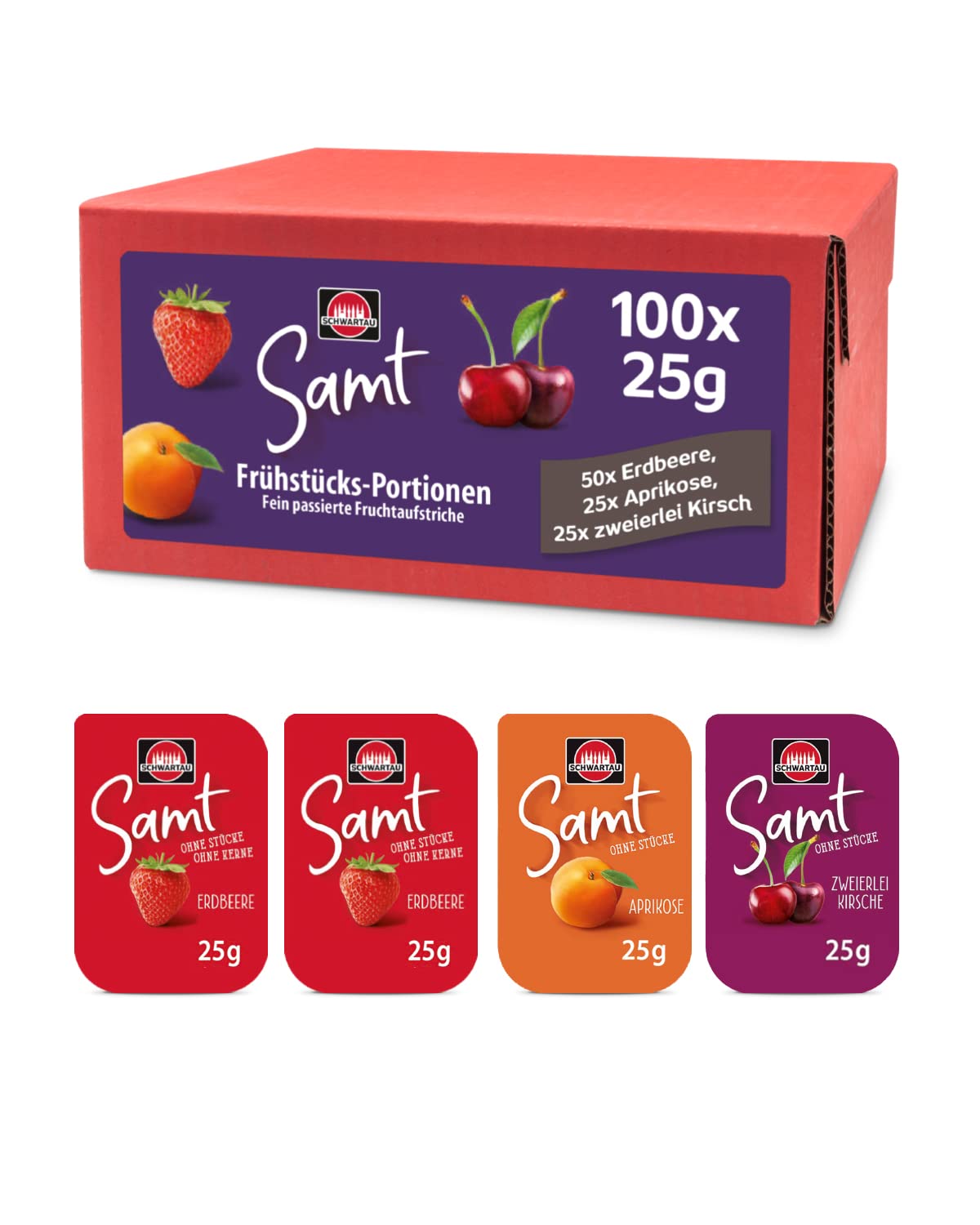 Schwartau Velvet Portions Mix Box, Jam Portion Bowls (50 x Strawberry, 25 x Apricot, 25 x Double Cherry), Large Pack, 100 x 25 g