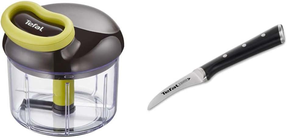 Tefal K13204 Ingenio 5 Second Chopper without Electricity, Capacity: 900 ml, Black/Green & Ice Force K23212 Round Paring Knife | 7cm Blade | Corrosion Protection | Hand Guard | Stainless Steel | Black