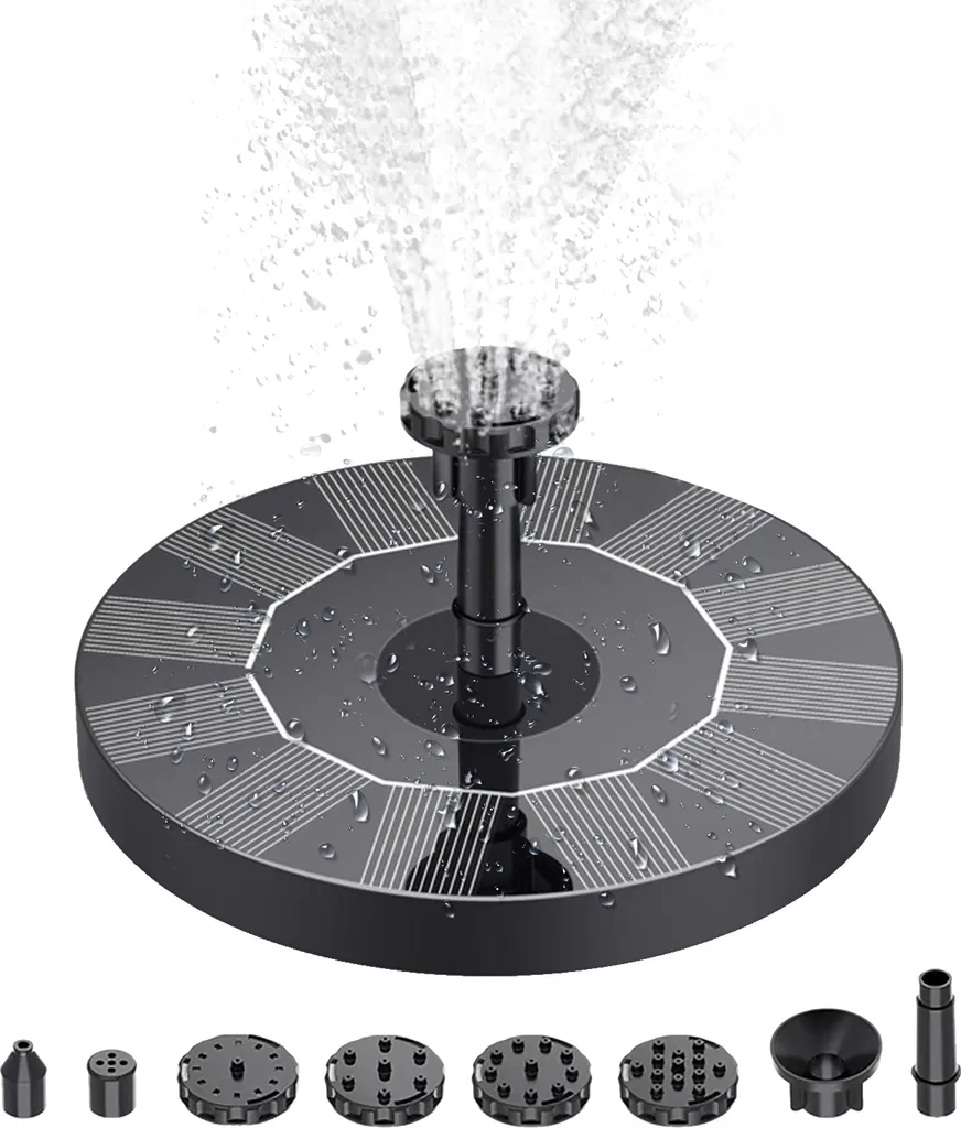homgeek 1W Solar Fountain Pump with 6 Nozzles, Freestanding Water Pump, Floating Fountain for Bird Bath, Aquarium, Pool, Garden, Small Pond