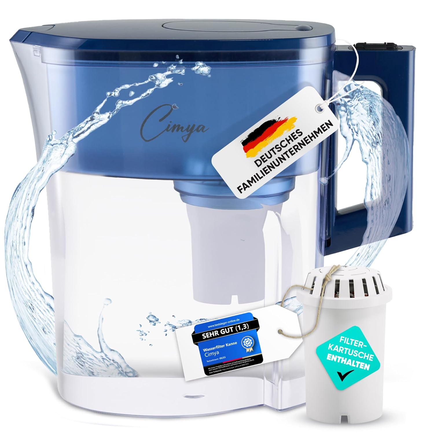 Water Filter Jug Drinking Water 2.4 L Includes 1 x 60 Day Filter Activated Carbon Cartridge with 8-Way Filter System without Chemicals, Water Water Purifier Filters Limescale, Chlorine, Harmful